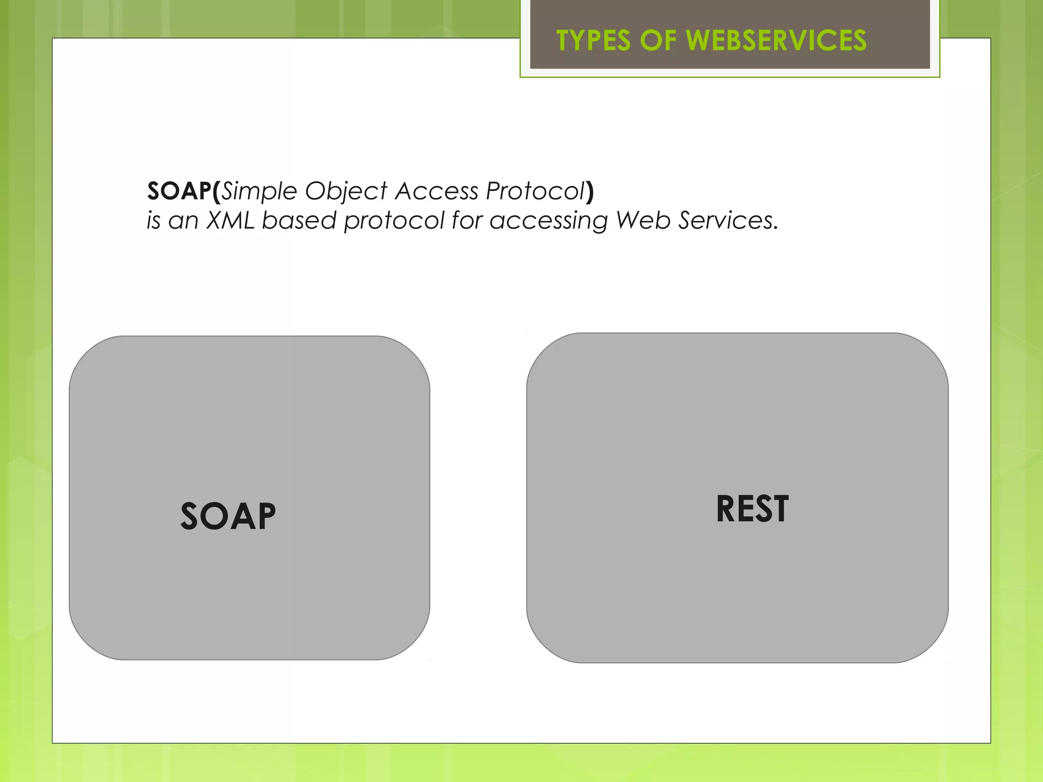 TYPES OF WEBSERVICES
SOAP REST
SOAP(Simple Object Access Protocol)
is an XML based protocol for accessing Web Services.
 