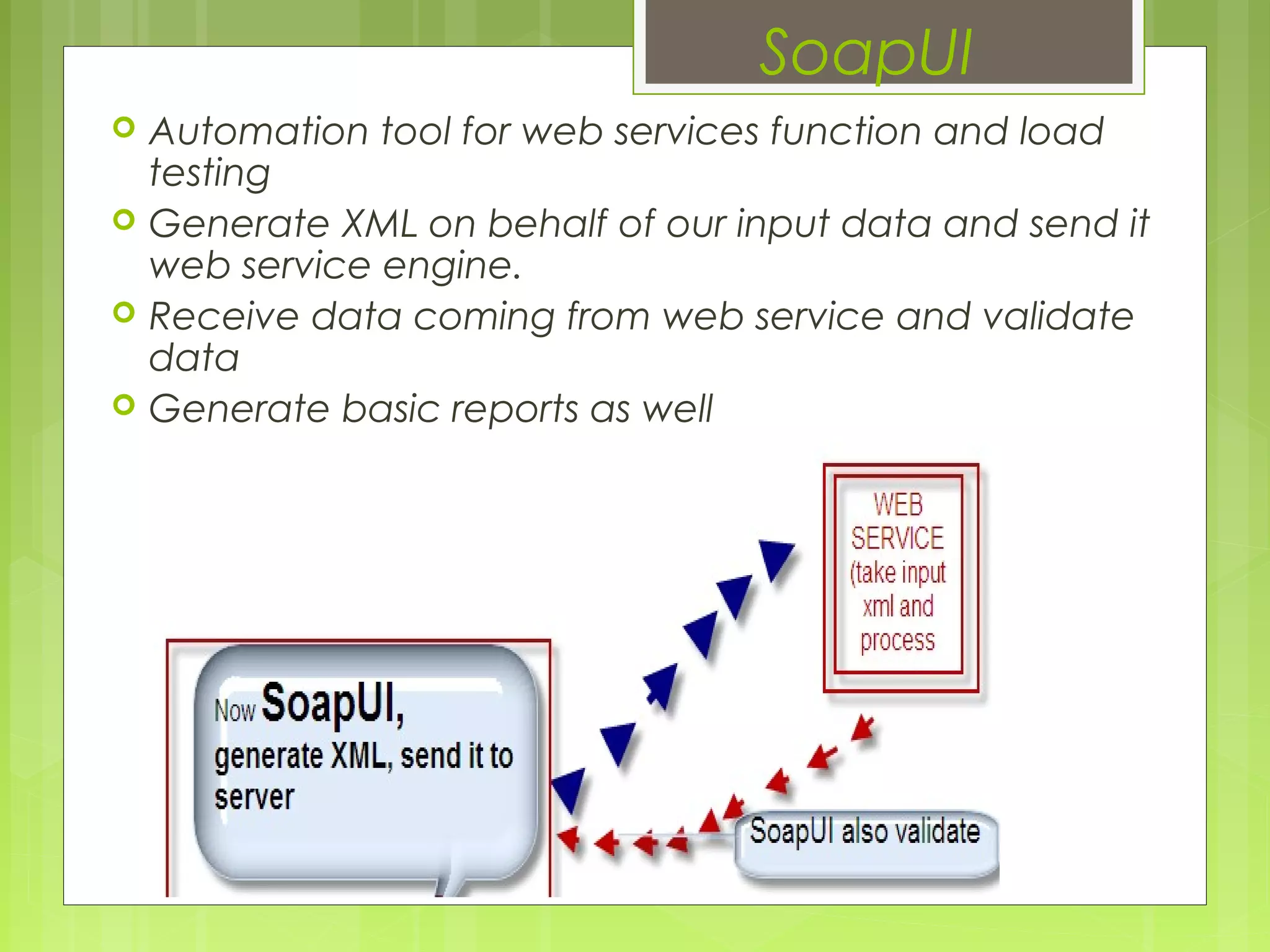 SoapUI
 Automation tool for web services function and load
testing
 Generate XML on behalf of our input data and send it
web service engine.
 Receive data coming from web service and validate
data
 Generate basic reports as well
 