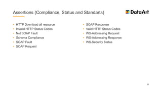 Assertions (Compliance, Status and Standarts)
• HTTP Download all resource
• Invalid HTTP Status Codes
• Not SOAP Fault
• Schema Compliance
• SOAP Fault
• SOAP Request
• SOAP Response
• Valid HTTP Status Codes
• WS-Addressing Request
• WS-Addressing Response
• WS-Security Status
26
 