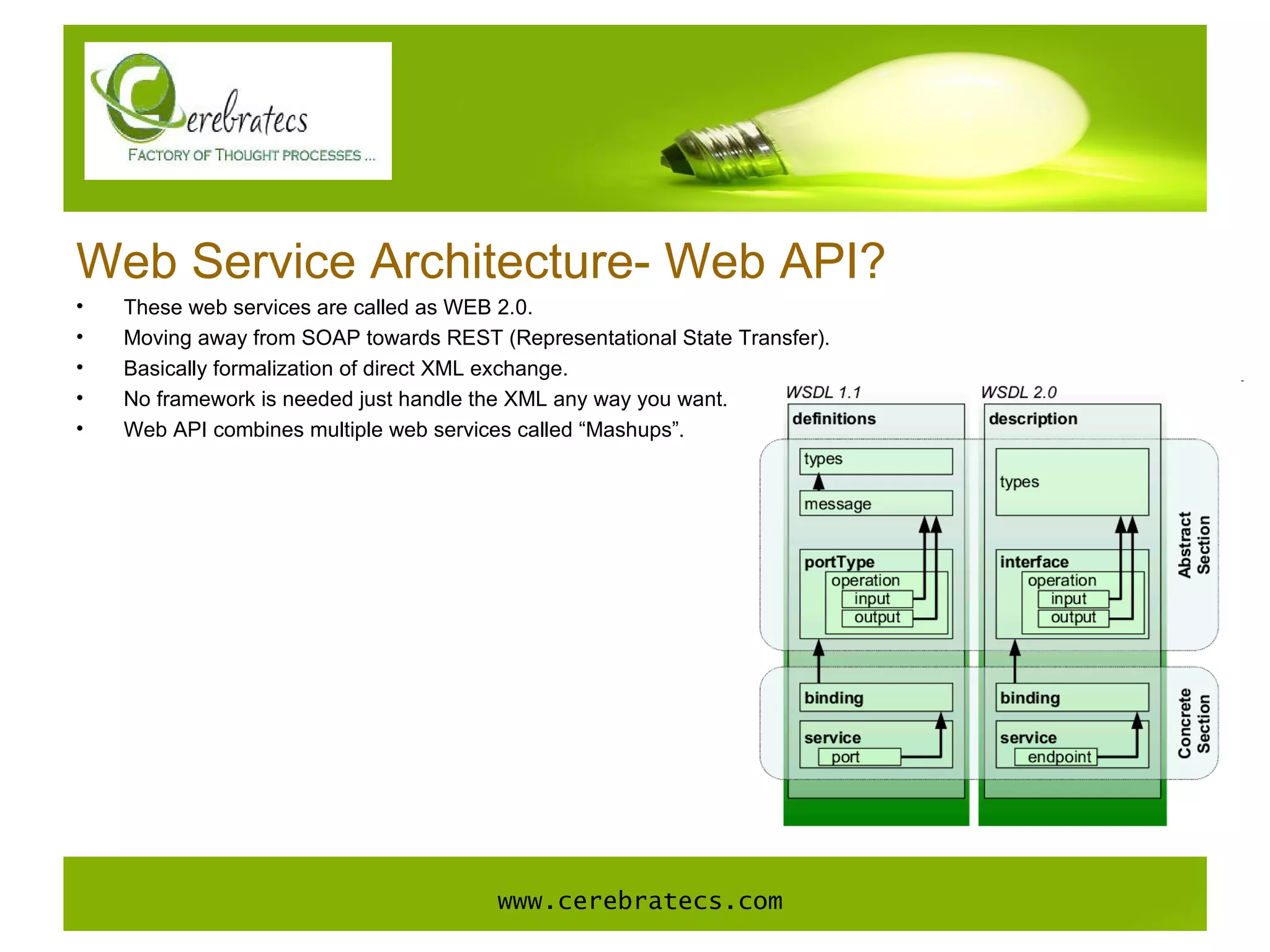 Web Service Architecture- Web API? These web services are called as WEB 2.0. Moving away from SOAP towards REST (Representational State Transfer). Basically formalization of direct XML exchange. No framework is needed just handle the XML any way you want. Web API combines multiple web services called “Mashups”. www.cerebratecs.com 