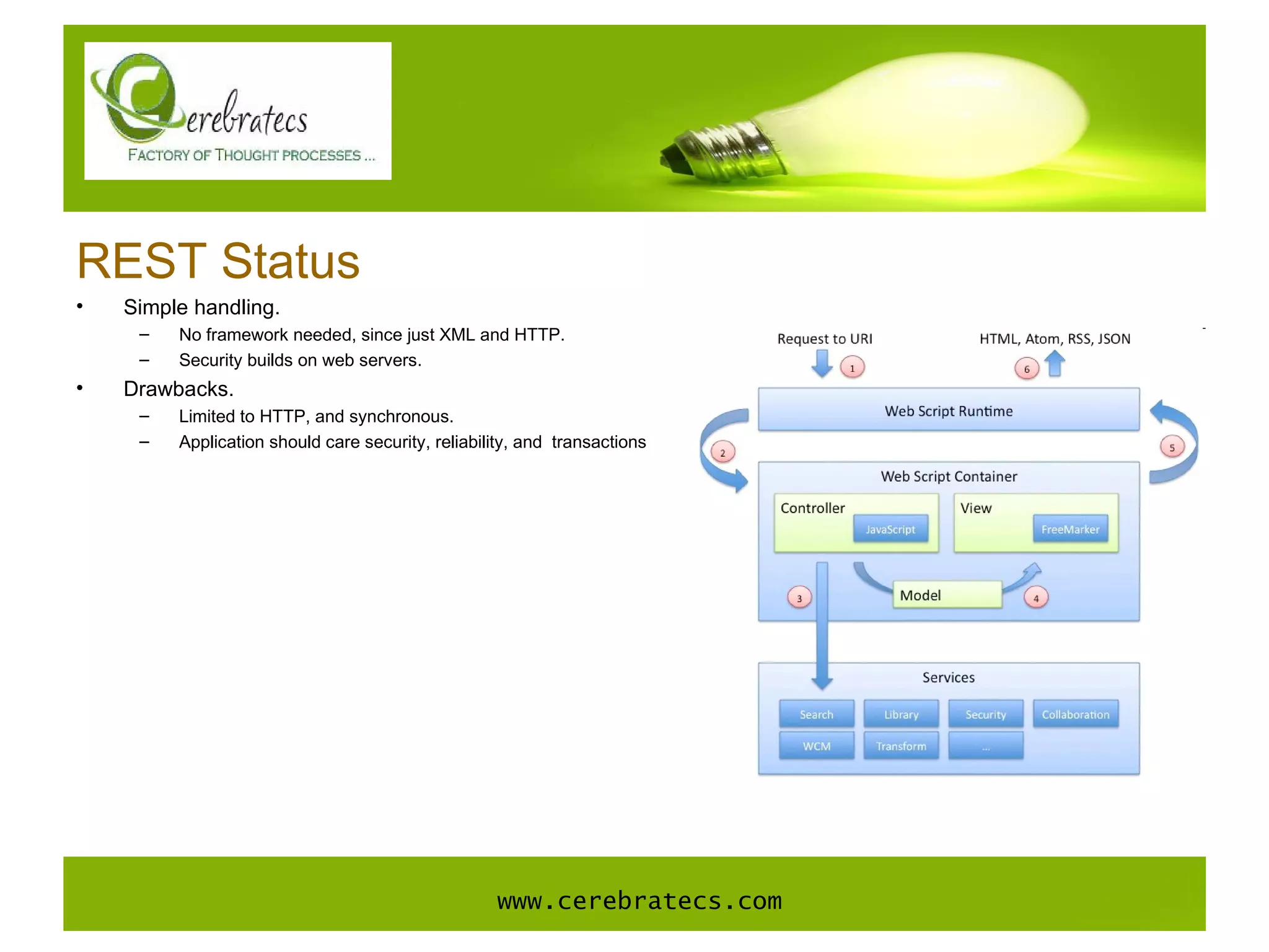 REST Status Simple handling. No framework needed, since just XML and HTTP. Security builds on web servers. Drawbacks. Limited to HTTP, and synchronous. Application should care security, reliability, and  transactions  www.cerebratecs.com 