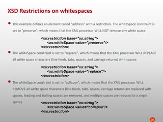 XSD Restrictions on whitespaces
26
• This example defines an element called "address" with a restriction. The whiteSpace constraint is
set to "preserve", which means that the XML processor WILL NOT remove any white space:
<xs:restriction base="xs:string">
<xs:whiteSpace value="preserve"/>
</xs:restriction>
• The whiteSpace constraint is set to "replace", which means that the XML processor WILL REPLACE
all white space characters (line feeds, tabs, spaces, and carriage returns) with spaces:
<xs:restriction base="xs:string">
<xs:whiteSpace value="replace"/>
</xs:restriction>
• The whiteSpace constraint is set to "collapse", which means that the XML processor WILL
REMOVE all white space characters (line feeds, tabs, spaces, carriage returns are replaced with
spaces, leading and trailing spaces are removed, and multiple spaces are reduced to a single
space) <xs:restriction base="xs:string">
<xs:whiteSpace value=“collapse"/>
</xs:restriction>
 