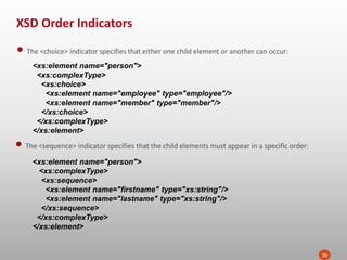 XSD Order Indicators
39
• The <choice> indicator specifies that either one child element or another can occur:
<xs:element name="person">
<xs:complexType>
<xs:choice>
<xs:element name="employee" type="employee"/>
<xs:element name="member" type="member"/>
</xs:choice>
</xs:complexType>
</xs:element>
• The <sequence> indicator specifies that the child elements must appear in a specific order:
<xs:element name="person">
<xs:complexType>
<xs:sequence>
<xs:element name="firstname" type="xs:string"/>
<xs:element name="lastname" type="xs:string"/>
</xs:sequence>
</xs:complexType>
</xs:element>
 
