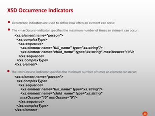 XSD Occurrence Indicators
40
• Occurrence indicators are used to define how often an element can occur.
• The <maxOccurs> indicator specifies the maximum number of times an element can occur:
<xs:element name="person">
<xs:complexType>
<xs:sequence>
<xs:element name="full_name" type="xs:string"/>
<xs:element name="child_name" type="xs:string" maxOccurs="10"/>
</xs:sequence>
</xs:complexType>
</xs:element>
• The <minOccurs> indicator specifies the minimum number of times an element can occur:
<xs:element name="person">
<xs:complexType>
<xs:sequence>
<xs:element name="full_name" type="xs:string"/>
<xs:element name="child_name" type="xs:string"
maxOccurs="10" minOccurs="0"/>
</xs:sequence>
</xs:complexType>
</xs:element>
 