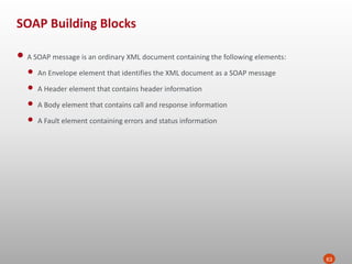 SOAP Building Blocks
63
• A SOAP message is an ordinary XML document containing the following elements:
• An Envelope element that identifies the XML document as a SOAP message
• A Header element that contains header information
• A Body element that contains call and response information
• A Fault element containing errors and status information
 