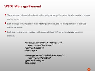 WSDL Message Element
81
• The <message> element describes the data being exchanged between the Web service providers
and consumers.
• Each message contains zero or more <part> parameters, one for each parameter of the Web
Service's function.
• Each <part> parameter associates with a concrete type defined in the <types> container
element.
<message name="SayHelloRequest">
<part name="firstName"
type="xsd:string"/>
</message>
<message name="SayHelloResponse">
<part name="greeting"
type="xsd:string"/>
</message>
 