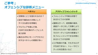 Innovation-Leading Company
9©NISSHO ELECTRONICS CORPORATION ALL RIGHTS RESERVED.
ご参考；
オフェンシブな診断メニュー
ペネトレ
• 攻撃者にどこを狙われるのか？
• 設定不備含めた対策として
不十分な部分を明確化
• マルウェアを踏んだ後、
CSIRT/SOC側のディフェンス
能力診断
• 最近はVPNリモートアクセスに
対するペネトレの需要が多い
アクティブフォレンジック
• フォレンジック可能な状態で
あるかどうかの診断
• 重要なサーバ、経営層の端末、
資産データに対して攻撃により
何をされたのか？侵入経路は？
そのターゲット以外の影響は？
をフォレンジックできる状態に
あるかどうかを診断
• ログ取得の不備、そもそもログ
が生成できない、トレーサビリ
ティの対応度合いなど
 