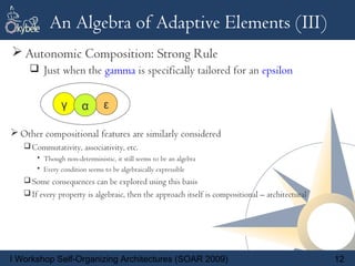 An Algebra of Adaptive Elements (III)
 Autonomic Composition: Strong Rule
      Just when the gamma is specifically tailored for an epsilon


                γ      α       ε

 Other compositional features are similarly considered
    Commutativity, associativity, etc.
       • Though non-deterministic, it still seems to be an algebra
       • Every condition seems to be algebraically expressible
    Some consequences can be explored using this basis
    If every property is algebraic, then the approach itself is compositional – architectural




I Workshop Self-Organizing Architectures (SOAR 2009)                                             12
 