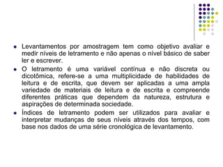 Levantamentos por amostragem tem como objetivo avaliar e medir níveis de letramento e não apenas o nível básico de saber ler e escrever. 
O letramento é uma variável contínua e não discreta ou dicotômica, refere-se a uma multiplicidade de habilidades de leitura e de escrita, que devem ser aplicadas a uma ampla variedade de materiais de leitura e de escrita e compreende diferentes práticas que dependem da natureza, estrutura e aspirações de determinada sociedade. 
Índices de letramento podem ser utilizados para avaliar e interpretar mudanças de seus níveis através dos tempos, com base nos dados de uma série cronológica de levantamento. 