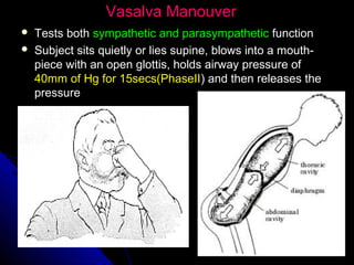 Vasalva ManouverVasalva Manouver
 Tests bothTests both sympathetic and parasympatheticsympathetic and parasympathetic functionfunction
 Subject sits quietly or lies supine, blows into a mouth-Subject sits quietly or lies supine, blows into a mouth-
piece with an open glottis, holds airway pressure ofpiece with an open glottis, holds airway pressure of
40mm of Hg for 15secs(PhaseII40mm of Hg for 15secs(PhaseII) and then releases the) and then releases the
pressurepressure
 
