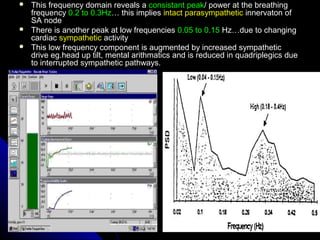  This frequency domain reveals aThis frequency domain reveals a consistant peakconsistant peak/ power at the breathing/ power at the breathing
frequencyfrequency 0.2 to 0.3Hz0.2 to 0.3Hz… this implies… this implies intact parasympatheticintact parasympathetic innervaton ofinnervaton of
SA nodeSA node
 There is another peak at low frequenciesThere is another peak at low frequencies 0.05 to 0.150.05 to 0.15 Hz…due to changingHz…due to changing
cardiaccardiac sympatheticsympathetic activityactivity
 This low frequency component is augmented by increased sympatheticThis low frequency component is augmented by increased sympathetic
drive eg.head up tilt, mental arithmatics and is reduced in quadriplegics duedrive eg.head up tilt, mental arithmatics and is reduced in quadriplegics due
to interrupted sympathetic pathways.to interrupted sympathetic pathways.
 