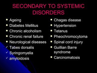 SECONDARY TO SYSTEMICSECONDARY TO SYSTEMIC
DISORDERSDISORDERS
 AgeingAgeing
 Diabetes MellitusDiabetes Mellitus
 Chronic alcoholismChronic alcoholism
 Chronic renal failureChronic renal failure
 Neurological diseasesNeurological diseases
 Tabes dorsalisTabes dorsalis
 SyringomyeliaSyringomyelia
 amyloidosisamyloidosis
 Chagas diseaseChagas disease
 HypertensionHypertension
 TetanusTetanus
 PheochromocytomaPheochromocytoma
 Spinal cord injurySpinal cord injury
 Guillian BarreGuillian Barre
syndromesyndrome
 CarcinomatosisCarcinomatosis
 