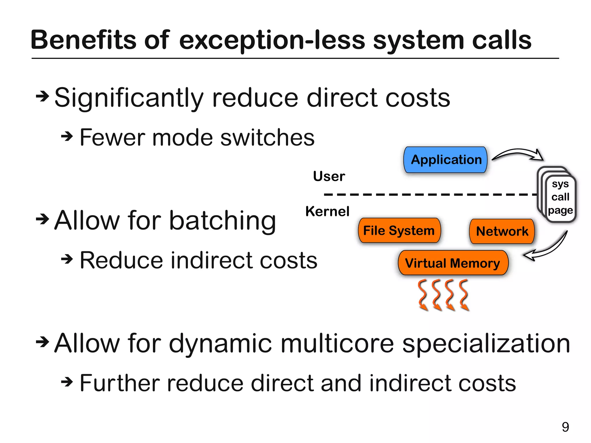 Benefits of exception-less system calls
 ➔   Significantly reduce direct costs
     ➔   Fewer mode switches

User
 ➔ Allow for batching


Kernel
   ➔ Reduce indirect costs




 ➔   Allow for dynamic multicore specialization
     ➔   Further reduce direct and indirect costs
                                                    9
 