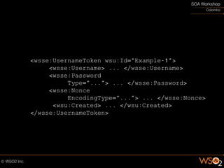 <wsse:UsernameToken wsu:Id="Example-1">
     <wsse:Username> ... </wsse:Username>
     <wsse:Password
          Type="..."> ... </wsse:Password>
     <wsse:Nonce
          EncodingType="..."> ... </wsse:Nonce>
      <wsu:Created> ... </wsu:Created>
</wsse:UsernameToken>
 