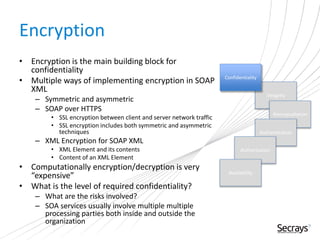 Encryption
• Encryption is the main building block for
confidentiality
• Multiple ways of implementing encryption in SOAP
XML
– Symmetric and asymmetric
– SOAP over HTTPS
• SSL encryption between client and server network traffic
• SSL encryption includes both symmetric and asymmetric
techniques
– XML Encryption for SOAP XML
• XML Element and its contents
• Content of an XML Element
• Computationally encryption/decryption is very
“expensive”
• What is the level of required confidentiality?
– What are the risks involved?
– SOA services usually involve multiple multiple
processing parties both inside and outside the
organization
Integrity
Nonrepudiation
Authentication
Authorization
Availability
Confidentiality
 