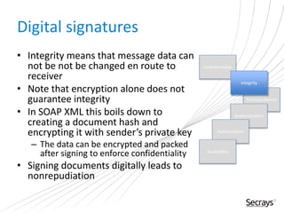 Digital signatures
• Integrity means that message data can
not be not be changed en route to
receiver
• Note that encryption alone does not
guarantee integrity
• In SOAP XML this boils down to
creating a document hash and
encrypting it with sender’s private key
– The data can be encrypted and packed
after signing to enforce confidentiality
• Signing documents digitally leads to
nonrepudiation
Nonrepudiation
Authentication
Authorization
Availability
Confidentiality
Integrity
 