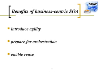 5
Benefits of business-centric SOA
 introduce agility
 prepare for orchestration
 enable reuse
 