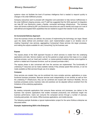 Knowledge Base


systems—does not facilitate the level of business intelligence that is needed to respond quickly to
changes in the order fulfillment process.
Company executives want to proceed with integration and automation to help remove inefficiencies in
the order fulfillment shipping process, and IT staff has suggested that the SOA approach to integration
can help BP Low Electronics create a flexible, connected technology infrastructure. The business
vision and drivers outlined by BP Low Electronics executives are used to identify and scope out a set of
well-defined and targeted SOA capabilities that are needed to support their desired “to-be” process.



An Incremental Delivery Approach
Once the business drivers are defined, the process of implementing the technology can begin. Based
upon the clearly defined and prioritized vision, each implementation project is an iterative one of
creating (“exposing”) new services, aggregating (“composing”) these services into larger processes,
and making the outputs available for use (“consuming”) by the business user.


Expose
The expose phase of the SOA approach focuses on which services to create from the underlying
applications and data. Service creation can be fine grained (a single service that maps on to a single
business process, such as ‘insert part number’), or coarse grained (multiple services come together to
perform a related set of business functions, such as ‘process purchase order’).
The expose phase is also concerned with how the services are implemented. The functionality of
underlying IT resources can be made available natively if they already speak Web services, or can be
made available as Web services though use of an adapter.

Compose
Once services are created, they can be combined into more complex services, applications or cross-
functional business processes. Because services exist independently of one another as well as from
the underlying IT infrastructure, they can be combined and reused with maximum flexibility. And as
business processes evolve, business rules and practices can be adjusted without constraint from the
limitations of the underlying applications.

Consume
By creating composite applications that consume these services and processes, you deliver to the
business new dynamic applications that enable increased productivity and enhanced insight into
business performance. Users can consume the composed service through a number of avenues,
including web portals, rich clients, Office business applications, and mobile devices.
The following example illustrates a typical implementation project for the same fictitious enterprise we
discussed earlier.
Example: Implementing SOA in the Enterprise




www.binarysemantics.com                                                             -   9-
 
