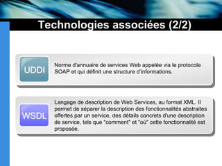 Technologies associées (2/2)Norme d'annuaire de services Web appelée via le protocole SOAP et qui définit une structure d’informations.UDDILangage de description de Web Services, au format XML. Il permet de séparer la description des fonctionnalités abstraites offertes par un service, des détails concrets d'une description de service, tels que "comment" et "où" cette fonctionnalité est proposée.WSDL