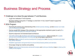 Business Strategy and Process Challenge is to close the gap between IT and Business. A gap from realization IT from business Business strategy is long term, IT strategy is a short term    As a result IT doesn’t support the enterprise as a whole SOA Program Promoting the sharing and understanding of the  whole business strategy , so that  decision are made with an enterprise level  view. Owning overall SOA strategy of the enterprise so that appropriate emphasis is given to each of  six domain of SOA throughout a multi-year roadmap . Dynamic,responsive and standard-based architecture Cost effect delivery  by  identifying and optimizing business process  – that is consists of  re-usable services and avoiding duplication of functionally  by mining legacy applications. Deciding on the  priorities for service development & deployment  and  choosing increments and when they will be delivered. Establish organization and governance to ensure that proceses,policies and standard. Encourage change by incentive and publicity. Ensure  measurement that provide cost-benefit analysis  and  continuous feedback  loop  to check up the vialility of the program 