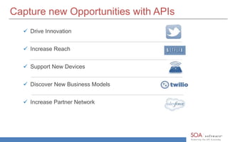 Capture new Opportunities with APIs 
 Drive Innovation 
 Increase Reach 
 Support New Devices 
 Discover New Business Models 
 Increase Partner Network 
 
