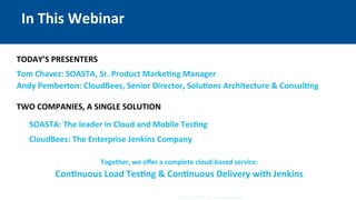 1	©	2015	SOASTA	Inc.-	All	rights	reserved.	
In	This	Webinar	
TODAY’S	PRESENTERS	
	
Tom	Chavez:	SOASTA,	Sr.	Product	MarkeEng	Manager	
Andy	Pemberton:	CloudBees,	Senior	Director,	SoluEons	Architecture	&	ConsulEng	
	
TWO	COMPANIES,	A	SINGLE	SOLUTION	
	
	SOASTA:	The	leader	in	Cloud	and	Mobile	TesEng	
	CloudBees:	The	Enterprise	Jenkins	Company	
	
Together,	we	oﬀer	a	complete	cloud-based	service:	
ConEnuous	Load	TesEng	&	ConEnuous	Delivery	with	Jenkins	
	
 