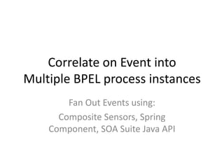Correlate on Event into
Multiple BPEL process instances
        Fan Out Events using:
      Composite Sensors, Spring
    Component, SOA Suite Java API
 