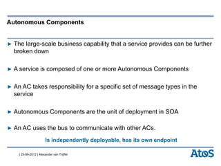 | 25-06-2012 | Alexander van Trijffel
Autonomous Components
▶ The large-scale business capability that a service provides can be further
broken down
▶ A service is composed of one or more Autonomous Components
▶ An AC takes responsibility for a specific set of message types in the
service
▶ Autonomous Components are the unit of deployment in SOA
▶ An AC uses the bus to communicate with other ACs.
Is independently deployable, has its own endpoint
 
