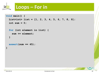 Loops – For in
void main() {
  List<int> list = [1, 2, 3, 4, 5, 6, 7, 8, 9];
  int sum = 0;

     for (int element in list...