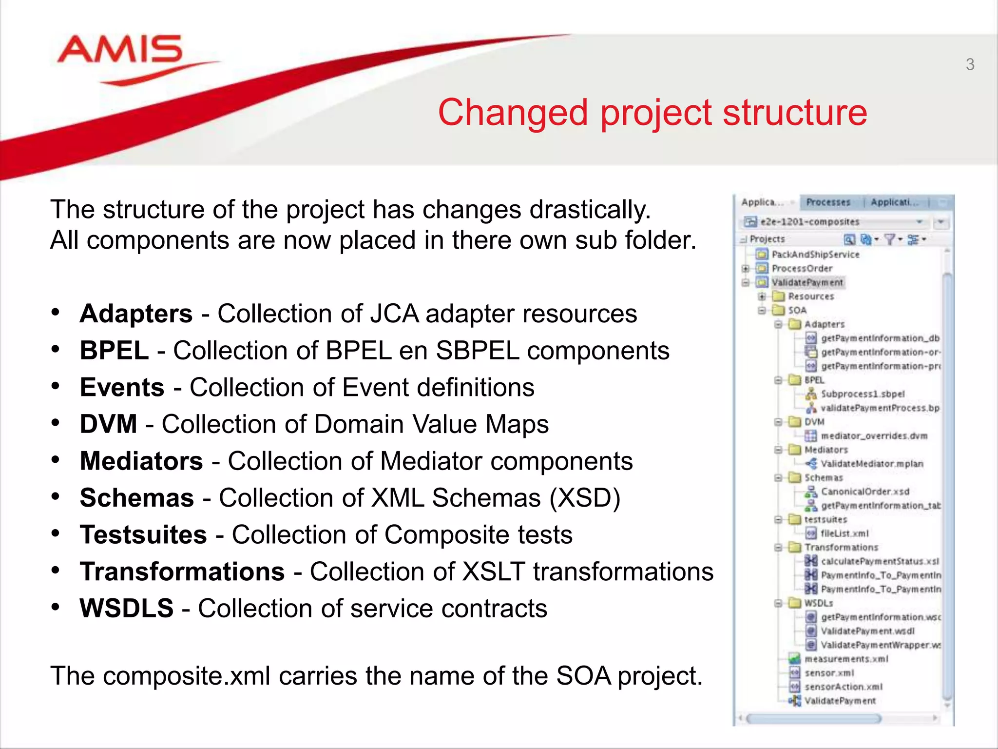 3
Changed project structure
The structure of the project has changes drastically.
All components are now placed in there own sub folder.
• Adapters - Collection of JCA adapter resources
• BPEL - Collection of BPEL en SBPEL components
• Events - Collection of Event definitions
• DVM - Collection of Domain Value Maps
• Mediators - Collection of Mediator components
• Schemas - Collection of XML Schemas (XSD)
• Testsuites - Collection of Composite tests
• Transformations - Collection of XSLT transformations
• WSDLS - Collection of service contracts
The composite.xml carries the name of the SOA project.
 