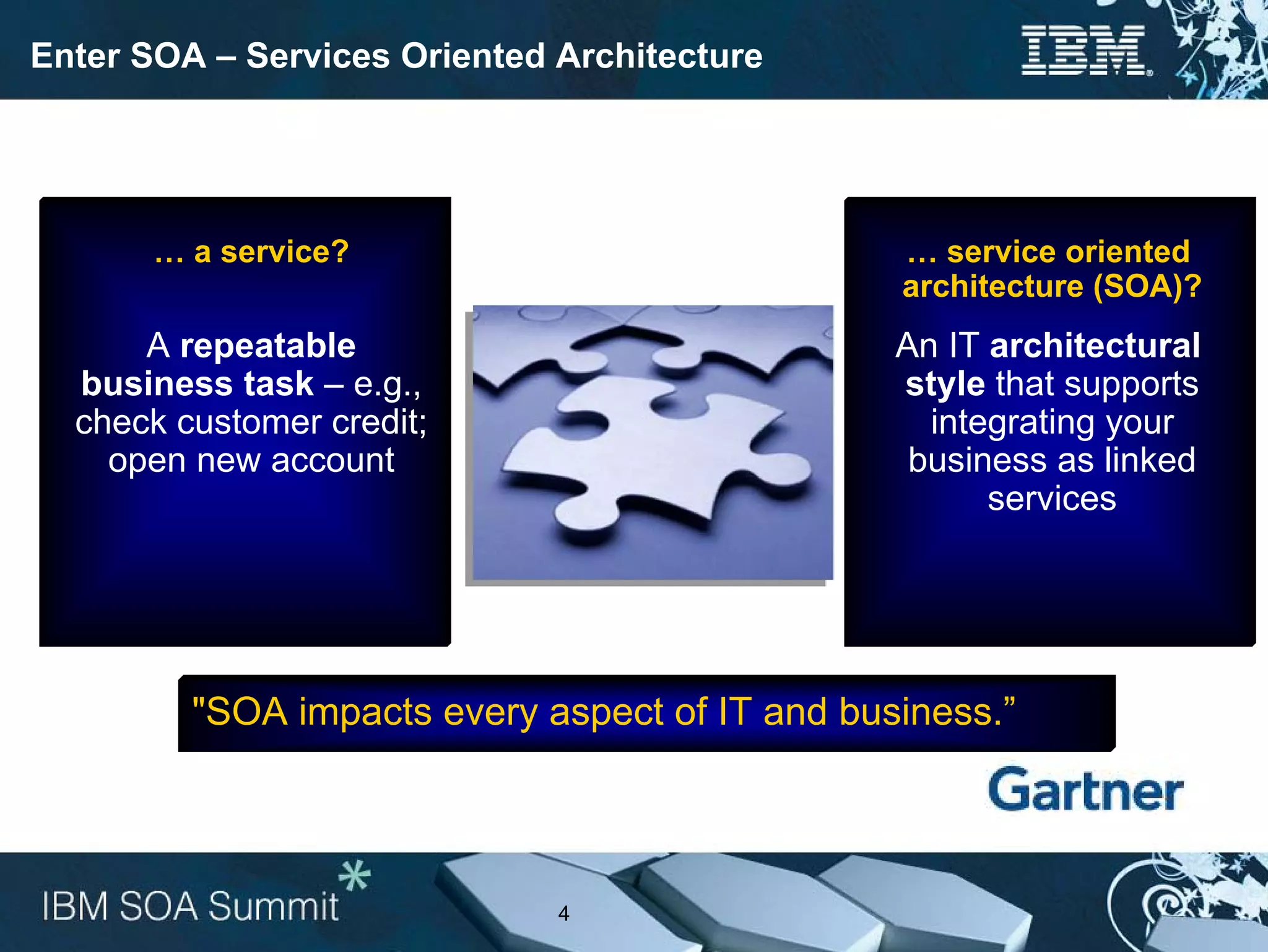 Enter SOA – Services Oriented Architecture




       … a service?                             … service oriented
                                                architecture (SOA)?
      A repeatable                              An IT architectural
  business task – e.g.,                         style that supports
  check customer credit;                          integrating your
    open new account                             business as linked
                                                      services




         "SOA impacts every aspect of IT and business.”




                              4
 