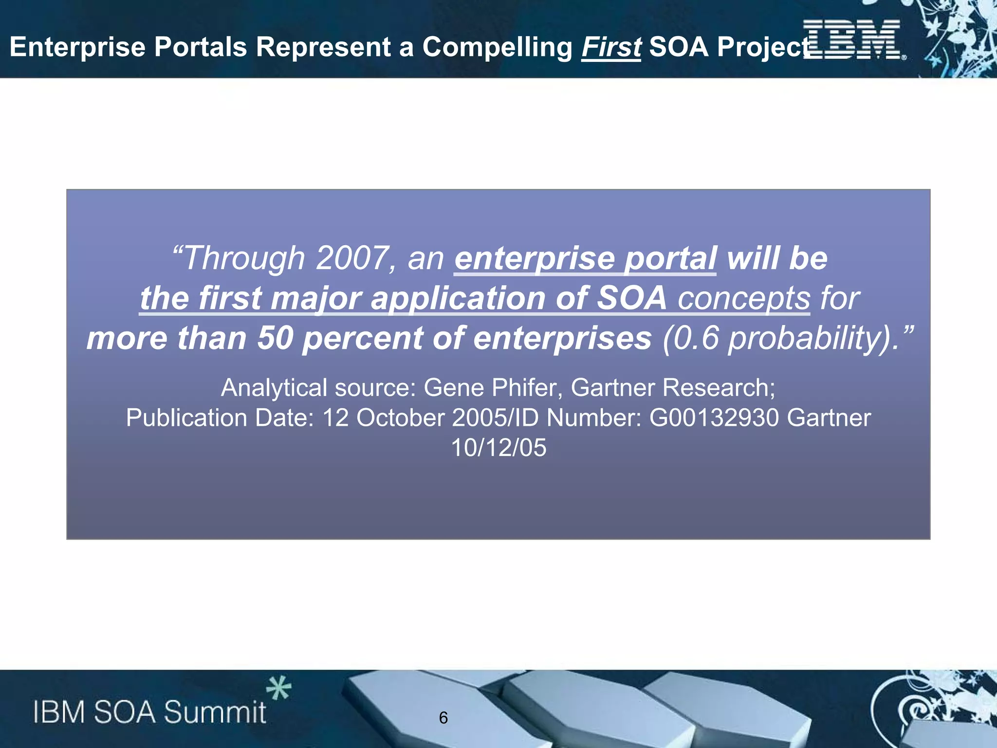Enterprise Portals Represent a Compelling First SOA Project




         “Through 2007, an enterprise portal will be
       the first major application of SOA concepts for
     more than 50 percent of enterprises (0.6 probability).”
                 Analytical source: Gene Phifer, Gartner Research;
        Publication Date: 12 October 2005/ID Number: G00132930 Gartner
                                      10/12/05




                                  6
 
