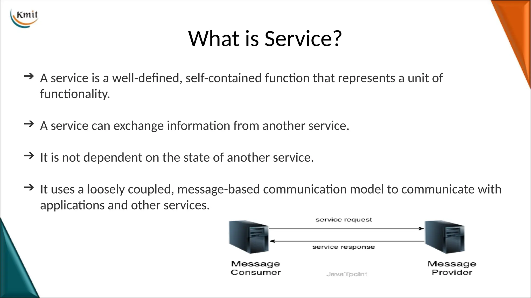 What is Service?
➔ A service is a well-defined, self-contained function that represents a unit of
functionality.
➔ A service can exchange information from another service.
➔ It is not dependent on the state of another service.
➔ It uses a loosely coupled, message-based communication model to communicate with
applications and other services.
 
