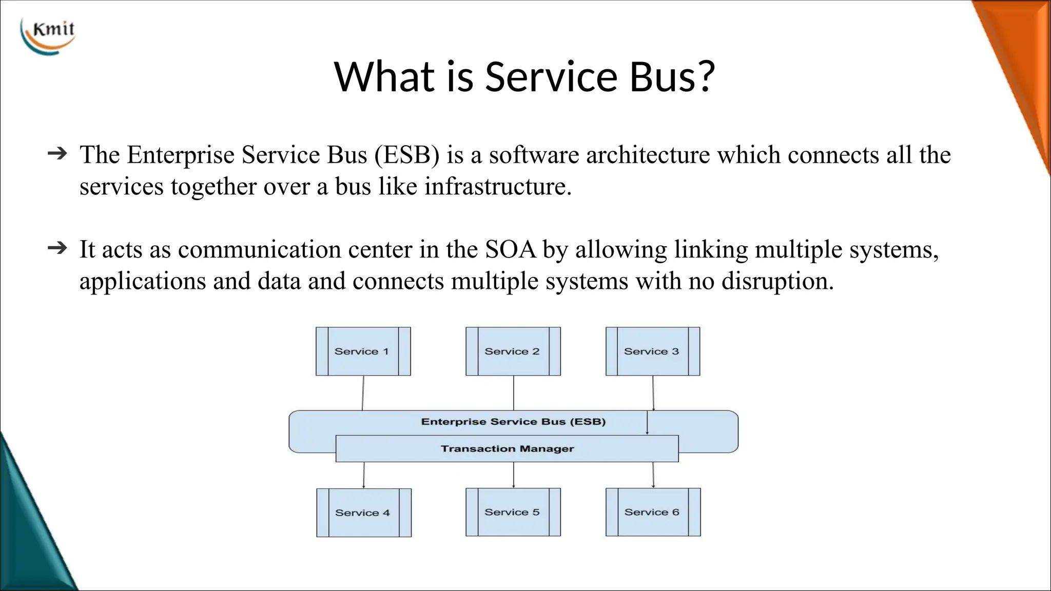 What is Service Bus?
➔ The Enterprise Service Bus (ESB) is a software architecture which connects all the
services together over a bus like infrastructure.
➔ It acts as communication center in the SOA by allowing linking multiple systems,
applications and data and connects multiple systems with no disruption.
 