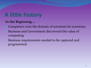 A little history In the Beginning…. Computers were the domain of scientists for scientists Business and Government discovered the value of computing Business requirements needed to be captured and programmed  