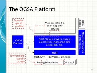 Web Services (2)Why are WS ideal for OGSA and for Grid systems?Can easily cope with heterogeneous systems (different programming languages, platforms, etc.)Common interface language (WSDL) allows:Virtualization: from a pool of services (with the same interface) I can access any service in the same fashion regardless of vendor, platform, etc.Dynamic service indexing and discovery.Dynamic access to services51