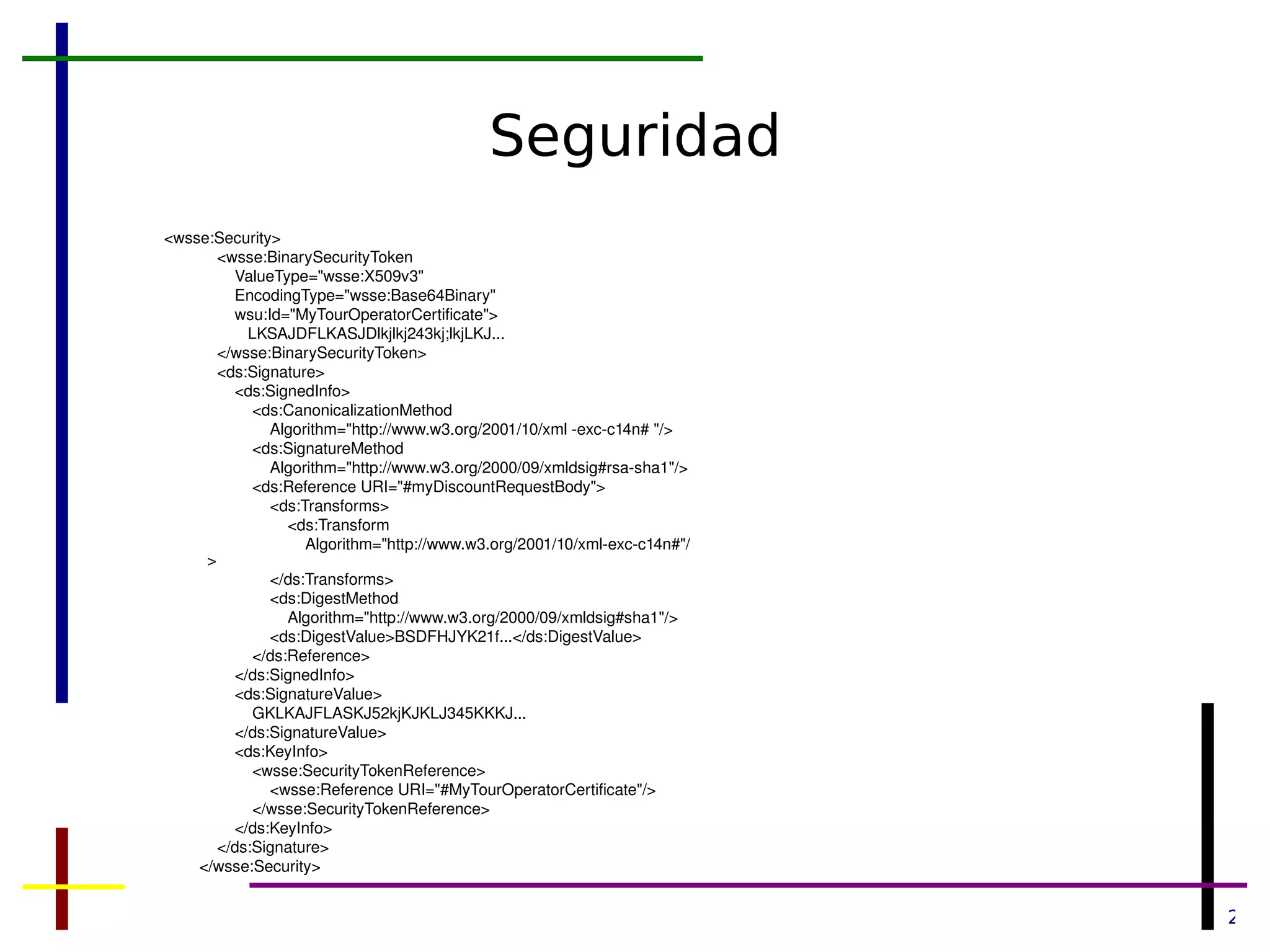 Seguridad <wsse:Security> <wsse:BinarySecurityToken ValueType=&quot;wsse:X509v3&quot; EncodingType=&quot;wsse:Base64Binary&quot; wsu:Id=&quot;MyTourOperatorCertificate&quot;> LKSAJDFLKASJDlkjlkj243kj;lkjLKJ... </wsse:BinarySecurityToken> <ds:Signature> <ds:SignedInfo> <ds:CanonicalizationMethod  Algorithm=&quot;http://www.w3.org/2001/10/xml -exc-c14n# &quot;/> <ds:SignatureMethod Algorithm=&quot;http://www.w3.org/2000/09/xmldsig#rsa-sha1&quot;/> <ds:Reference URI=&quot;#myDiscountRequestBody&quot;> <ds:Transforms> <ds:Transform Algorithm=&quot;http://www.w3.org/2001/10/xml-exc-c14n#&quot;/> </ds:Transforms> <ds:DigestMethod Algorithm=&quot;http://www.w3.org/2000/09/xmldsig#sha1&quot;/> <ds:DigestValue>BSDFHJYK21f...</ds:DigestValue> </ds:Reference> </ds:SignedInfo> <ds:SignatureValue> GKLKAJFLASKJ52kjKJKLJ345KKKJ... </ds:SignatureValue> <ds:KeyInfo> <wsse:SecurityTokenReference> <wsse:Reference URI=&quot;#MyTourOperatorCertificate&quot;/> </wsse:SecurityTokenReference> </ds:KeyInfo> </ds:Signature> </wsse:Security> 