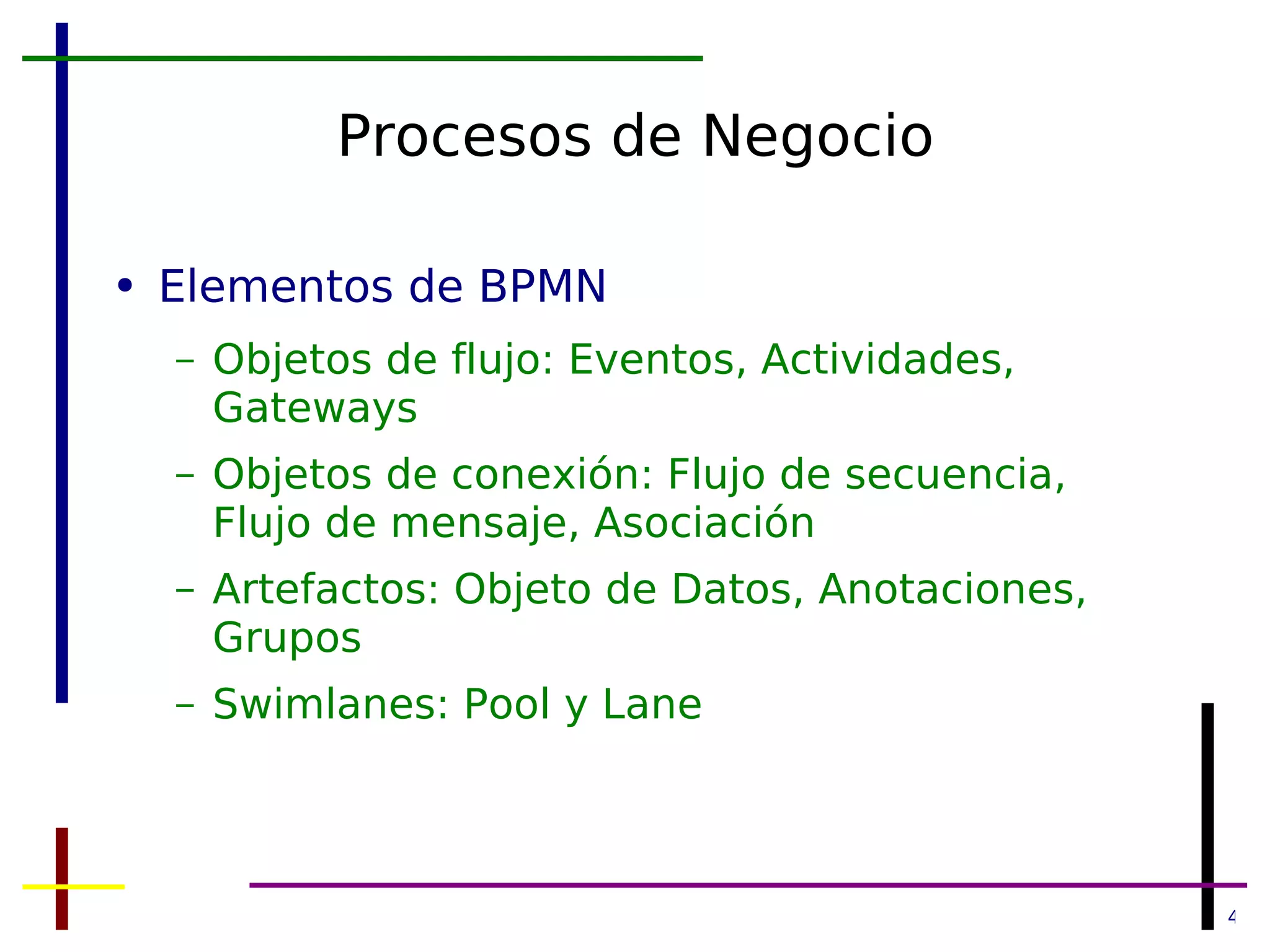 Procesos de Negocio Elementos de BPMN Objetos de flujo: Eventos, Actividades, Gateways Objetos de conexión: Flujo de secuencia, Flujo de mensaje, Asociación Artefactos: Objeto de Datos, Anotaciones, Grupos Swimlanes: Pool y Lane 