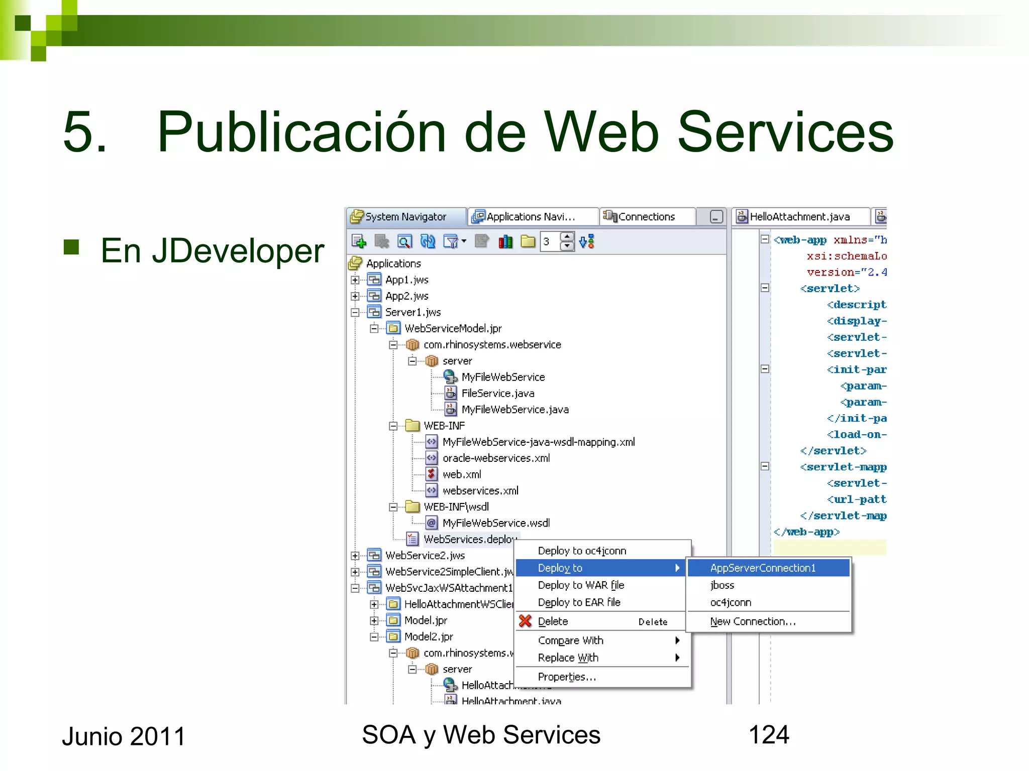 5. Publicación de Web Services
    En JDeveloper




Junio 2011           SOA y Web Services   124
 