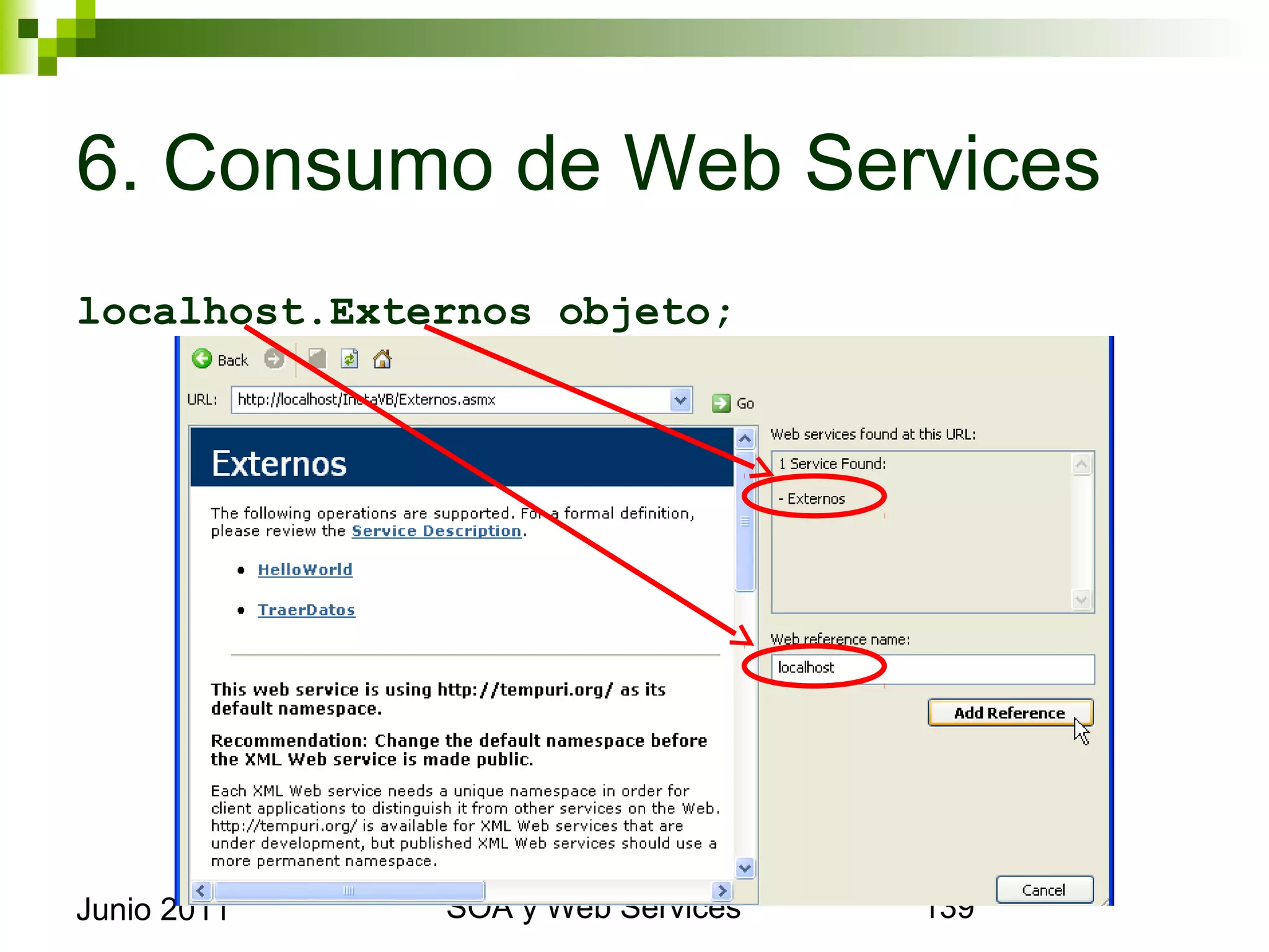 6. Consumo de Web Services
localhost.Externos objeto;




Junio 2011        SOA y Web Services   139
 