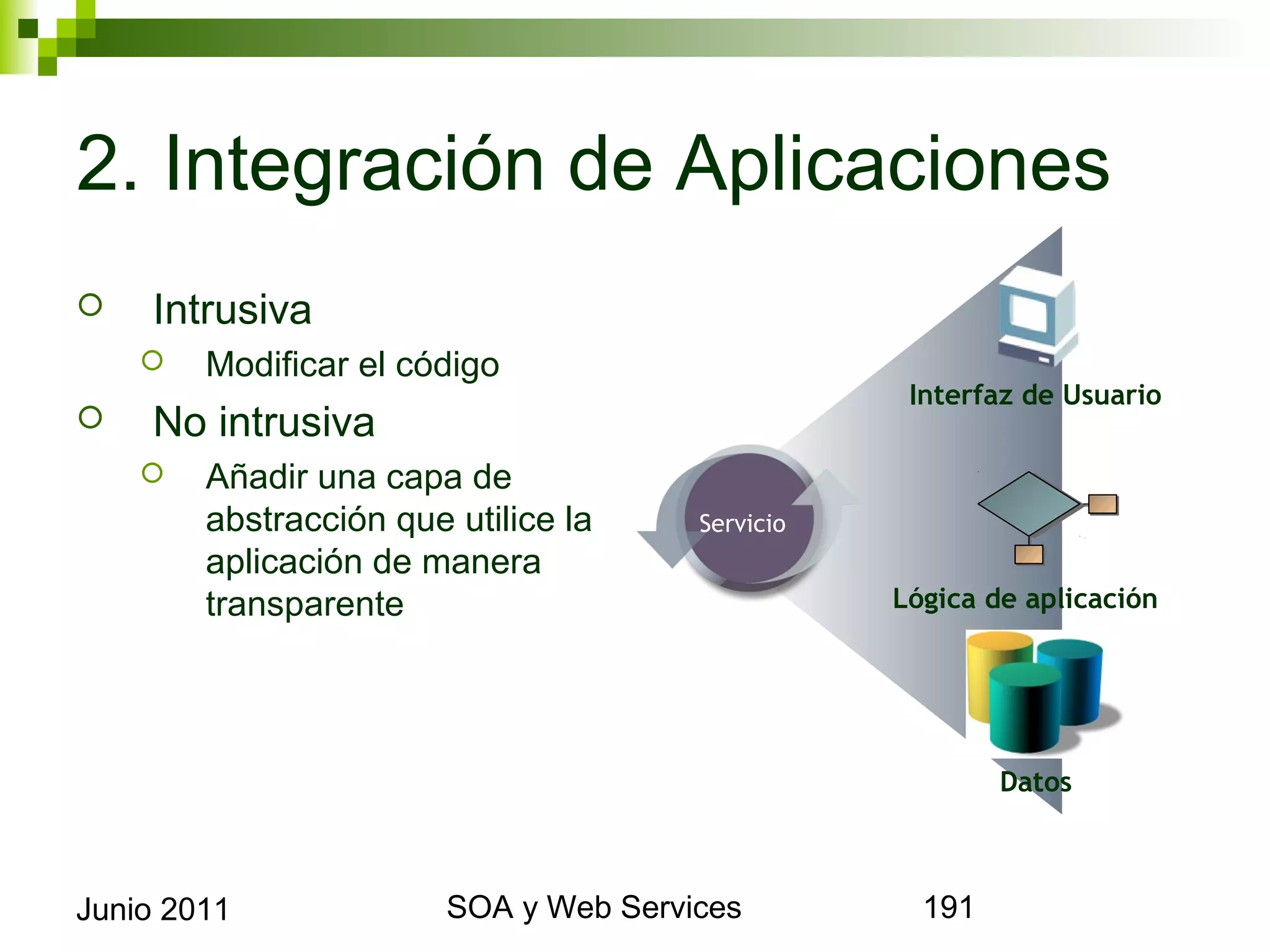 2. Integración de Aplicaciones
       Intrusiva
            Modificar el código
                                                               Interfaz de Usuario
       No intrusiva
            Añadir una capa de abstracción
             que utilice la aplicación de          Servicio
             manera transparente
                                                              Lógica de aplicación




                                                                      Datos



Junio 2011                          SOA y Web Services                               191
 
