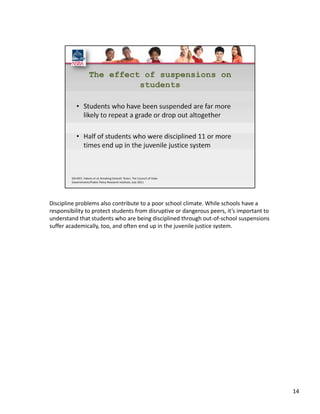 Discipline problems also contribute to a poor school climate. While schools have a 
responsibility to protect students from disruptive or dangerous peers, it’s important to 
understand that students who are being disciplined through out‐of‐school suspensions 
suffer academically, too, and often end up in the juvenile justice system.




                                                                                            14
 