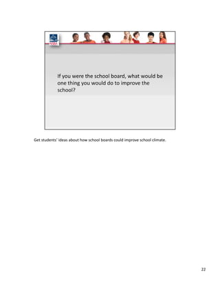 Get students’ ideas about how school boards could improve school climate.




                                                                            22
 