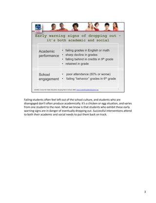 Failing students often feel left out of the school culture, and students who are 
disengaged don’t often produce academically. It’s a chicken or egg situation, and varies 
from one student to the next. What we know is that students who exhibit these early 
warning signs are in danger of eventually dropping out. Successful interventions attend 
to both their academic and social needs to put them back on track.




                                                                                            3
 