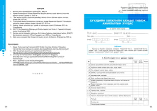 5554
СУРГУУЛИЙНӨМНӨХБОЛОВСРОЛЫНСУРГАЛТЫНЦӨМХӨТӨЛБӨР
ХҮҮХДИЙН ХӨГЖЛИЙН АХИЦЫГ ҮНЭЛЭХ
АЖИГЛАЛТЫН ХУУДАС
Аймаг / дүүрэг:____________________ Цэцэрлэгийн нэр, дугаар:______________________
Овог, нэр: _____________________________________ Хүйс: _______
Огноо: Огноо:
Нас ____ сар ____ Нас ____ сар ____
1. Биеийн хөдөлгөөнөө удирдах чадвар
№ Чадвар
Чаддаг
-гүй
Дэмж-
лэгтэй
Чаддаг
1.1 Шалан дээр байгаа зүйлийг доош бөхийн барьж авна.
1.2 Ор болон өндөр сандал дээр гарч, бууж чадна.
1.3 Том хайрцагт юмсыг зөөж хийнэ.
1.4 Хөтөвч, суултуурт бие засахдаа өөрөө сууж, босно.
1.5 Шатаар өгсөж, уруудна.
1.6 Аяга, халбагаа зөв барьж хэрэглэнэ.
1.7
Зузаан (картонон) хуудастай номын хуудсыг нэг нэгээр нь
эргүүлнэ.
1.8
Бүдүүн харандаа, тосон харандаа ашиглаж, цаасан дээр
зураас татна.
1.9 Хувцсаа өөрөө тайлна.
1.10 Гараа угааж, арчина.
1.11 Цэвэрхэн хооллоно.
1.12 “Болно”, “Болохгүй” гэсэн энгийн зааврыг ойлгож биелүүлнэ.
Хугацаа
IX-X
сар
IV-V
сар
Ахиц
Онооны дүн
Гүйцэтгэлийн дундаж
3 хүртэлх насны хүүхэд
ТАЙЛБАР:
Хүүхэд тус бүрийн чадвараас хамааран “Чаддаггүй” бол 1, “Дэмжлэгтэй” бол 2,
“Чаддаг” бол 3 гэсэн үнэлгээг хүснэгтэд тэмдэглэнэ. Нийт онооны дүнг тухайн хэсгийн
чадварын тоонд хувааж “Гүйцэтгэлийн дундаж” гарна.
НОМ ЗҮЙ
1. Монгол улсын Боловсролын тухай хууль, 2002 он
2. Төрөөс боловсролын талаар баримтлах бодлого батлах тухай, Монгол Улсын Их
хурлын тогтоол, Дугаар 12, 2015 он
3. “Зөв монгол хүүхэд” үндэсний хөтөлбөр, Монгол Улсын Засгийн газрын тогтоол,
дугаар 295, 2013 он
4. “Сургуулийн өмнөх боловсролын сургалтын талаар баримтлах бодлого”, Боловсрол,
шинжлэх ухааны сайдын тушаал, дугаар 327, 2013 он
5. Ухаалаг төрийг цогцлоох хүн, түүний ѐс суртахууны тухай, Д.Чойжамц, 2013 он,
Улаанбаатар
6. ХБНГУ: Der Bayerische Bildungs-und Erziehungsplan fuer Kinder in Tageseinrichtungen
bis zur Einschulung, 2009
7. Зургаан настай хүүхдийн сургуульд бэлтгэгдсэн байдлын судалгааны тайлан, БСШУЯ,
Боловсролын хүрээлэн, НҮБ-ын Хүүхдийн сан, 2008 он, Улаанбаатар
8. Бага насны хүүхдийн бие бялдар-сэтгэцийн хөгжил, Ш.Оросоо, Ж.Батдэлгэр,1999 он
Цахим хуудас:
1. Канад: “Early Learning Framework”2007, British Columbia, Ministry of Education,
Canada,http://www.bced.gov.bc.ca/early_learning/pdfs/early_learning_framework.pdf
2. ОХУ: Концепция дошкольного воспитания 2012, Россия
http://do.isiorao.ru/document/untitled.php/prikaz%20o%20concepcii.php
3. Сингапур: A Framework for A Kindergarten Curriculum in Singapore,
2012,http://www.moe.gov.sg/education/preschool/files/kindergarten-curriculum-
framework.pdf
4. Япон: Japanese Course of study kindergarten
(2008)http://www.mext.go.jp/a_menu/shotou/newcs/youryou/eiyaku/__icsFiles/afieldfile/201
1/01/13/1298368_1.pdf
----- о О о -----
 