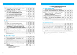 60 61
ХҮҮХДИЙН ХӨГЖЛИЙН АХИЦЫГ ҮНЭЛЭХ АЖИГЛАЛТЫН ХУУДАС
3. ХЭЛ ЯРИАНЫ ЧАДАМЖ
3.1. Сонсох, ойлгох
3.1.1
Байгалийн дуу чимээ, амьтдын дуу авиаг сонсож ялгана.
(Жишээ нь: Усны чимээ, тэнгэрийн дуу, шувуудын жиргээ)
1 2 3 4 5
3.1.2
Урт, богино эгшигтэй үгийг ялгаж сонсоно.
(Жишээ нь: сар-саар, ул-уул)
1 2 3 4 5
3.1.3
Ойролцоо дуудлагатай үгийг ялгаж сонсоно.
(Жишээ нь: Энх мөнх, дэлгэр цэлгэр, яруу даруу)
1 2 3 4 5
3.1.4
Үлгэр зохиолыг анхааралтай, идэвхтэй сонсоно.
(Жишээ нь: Ярьж байгаа хүний нүүр рүү харах, ойлгосон хэсгээ
бусаддаа ярих, тайлбарлах, ойлгоогүй зүйлээ тодруулан асуух)
1 2 3 4 5
3.1.5
Үлгэр зохиолоос төрсөн мэдрэмжээ илэрхийлнэ.
(Жишээ нь: Инээх, хөмсгөө зангидах, алга таших)
1 2 3 4 5
3.1.6
2-оос цөөнгүй үйлдэл шаардах зааварчилгааг дагаж
биелүүлнэ. (Жишээ нь: Эхлээд тоглоомоо хураана, дараа нь
зурагтай номоо авч үзнэ)
1 2 3 4 5
Нийт оноо IX-X
сар
IV-V
сарГүйцэтгэлийн дундаж
3.2. Ярих
3.2.7
Бусдын асуултыг анхааралтай сонсож, тохирох хариулт
өгнө.
1 2 3 4 5
3.2.8 Өөрийн санаа бодлоо ойлгомжтой илэрхийлнэ. 1 2 3 4 5
3.2.9 Үлгэр, өгүүллэг, болсон үйл явдлыг бусдад ярина. 1 2 3 4 5
3.2.10
Ангиараа хийж буй ярилцлага, хэлэлцүүлэгт идэвхтэй
оролцоно. (Жишээ нь: Санаачилгаараа ярих, асуулт тавих)
1 2 3 4 5
3.2.11
Үлгэр, өгүүллэгийн өрнөл, төгсгөлийг гүйцээн зохиомжлон
ярина.
1 2 3 4 5
3.2.12
Сайн мэдэх үлгэрийн агуулгыг зургийн дарааллын дагуу
ярина.
1 2 3 4 5
3.2.13 Оньсого, түргэн хэллэг, зүйр цэцэн үг хэлнэ. 1 2 3 4 5
3.2.14 Өөрөө зурагт ном бүтээж агуулгыг тайлбарлана. 1 2 3 4 5
Нийт оноо IX-X
сар
IV-V
сарГүйцэтгэлийн дундаж
3.3. Унших, бичих бэлтгэл
Хэл ярианы чадамжийн нийт оноо: _____
Гүйцэтгэлийн дундаж: _____
3.3.15 Номын зургийг тайлбарлан ярина. 1 2 3 4 5
3.3.16
Ойр орчиндоо буй тэмдэг, тэмдэглэгээг “уншиж” чадна.
(Жишээ нь: Явган хүний гарц, автобусны зогсоол, түргэн
тусламжийн машин)
1 2 3 4 5
3.3.17 Богино хэмжээний шүлэг уншина. 1 2 3 4 5
3.3.18 Зурган бүдүүвч ашиглан өгүүлбэр зохионо. 1 2 3 4 5
3.3.19 Өөрийн дуртай үлгэрийн баатрыг зурна. 1 2 3 4 5
3.3.20
Төрөл бүрийн зураас зурна.
(Жишээ нь: Цэг, ташуу, махир, тахир, нуман зураас)
1 2 3 4 5
Нийт оноо IX-X
сар
IV-V
сарГүйцэтгэлийн дундаж
ХҮҮХДИЙН ХӨГЖЛИЙН АХИЦЫГ ҮНЭЛЭХ АЖИГЛАЛТЫН ХУУДАС
4. ОРЧНОО ТАНЬЖ МЭДЭХ, ОРЧИНТОЙГОО
ХАРИЛЦАХ ЧАДАМЖ
4.1. Орчноо шинжлэн судлах
4.1.1
Байгаль орчинд болон туршилтын явцад ажигласан
үзэгдлийн учир шалтгааны талаар асуулт тавьж, таамаглал
дэвшүүлнэ.
1 2 3 4 5
4.1.2
Үйл явдал, учир шалтгааны талаар лавлана.
(Жишээ нь: Яагаад ийм байдаг гэж?, Яагаад оройтсон бэ?)
1 2 3 4 5
4.1.3
Ургамлын ургалтад агаар, ус, гэрэл, дулаан яаж
нөлөөлдгийг тайлбарлан ярина.
1 2 3 4 5
4.1.4
Байгаль шинжлэлийн туршилтад дуртай оролцоно.
(Жишээ нь: Хөвөх, живэх, унах, хийсэх)
1 2 3 4 5
4.1.5
Юмсын шинж чанарыг сонирхоно, ялгана.
(Жишээ нь: Хатуу-зөөлөн, хүнд-хөнгөн, гөлгөр-барзгар, гашуун-
чихэрлэг, чанга-сул)
1 2 3 4 5
Нийт оноо IX-X
сар
IV-V
сарГүйцэтгэлийн дундаж
4.2.6 Байгальд юу нь гоё сайхан байгааг илэрхийлэн ярина. 1 2 3 4 5
4.2.7 Орчноо цэвэр байлгана. (Жишээ нь: Хогоо хогийн саванд хийнэ) 1 2 3 4 5
4.2.8 Тоглосон, хэрэглэсэн зүйлээ буцааж байранд нь хураана. 1 2 3 4 5
4.2.9
Ургамлыг арчилж ургуулна. (Жишээ нь: Услах, арчих, хөрсийг
сийрэгжүүлэх, хатсан навчийг түүх)
1 2 3 4 5
4.2.10 Нутаг орныхоо гоё, сайхан зүйлийг дүрслэн зурна, тайлбарлана. 1 2 3 4 5
Нийт оноо IX-X
сар
IV-V
сарГүйцэтгэлийн дундаж
4.2. Орчинтойгоо харьцах
Орчноо таньж мэдэх, орчинтойгоо харилцах чадамжийн нийт оноо: _____
Гүйцэтгэлийн дундаж: _____
 