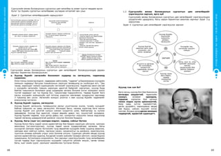 СУРГУУЛИЙНӨМНӨХБОЛОВСРОЛЫНСУРГАЛТЫНЦӨМХӨТӨЛБӨР
68 69
ХҮҮХЭДБҮХЭНДЭЭ“БИЧАДНА“ГЭСЭНИТГЭЛӨГЬЕ!
Сургуулийн өмнөх боловсролын сургалтын цөм хөтөлбөр нь өнөөг хүртэл мөрдөж ирсэн
бүлэг тус бүрийн сургалтын хөтөлбөрөөс юугаараа ялгаатайг авч үзье.
Зураг 2. Сургалтын хөтөлбөрүүдийн харьцуулалт
Сургуулийн өмнөх боловсролын сургалтын цөм хөтөлбөрийг боловсруулахдаа дараах
зарчмыг баримтлан боловсруулсан.
a.	 Хүүхэд бүрийг хөгжлийн боломжит хурдаар нь хөгжүүлэх, чадамжид
суурилах;	
	Олон тооны салангид мэдлэг, чадвараас зайлсхийж, “чадамж”-д баримжаалан хүүхдийн
эзэмших чадварыг багцлан томьёолохын зэрэгцээ төлөвшилд ач холбогдол өгч, “Зан
чанар, харилцаа” хэмээх суралцахуйн чиглэлийг хэрэгжүүлнэ. Хэдийгээр ижил настай
ч хүүхдийн хөгжлийн түвшин харилцан адилгүй байдгийг харгалзах, хүүхэд бүрд
байгаа түвшнээсээ боломжит дээд хурдаараа хөгжих боломж олгон эзэмшвэл зохих
тусгай чадварыг нас тус бүрээр бус, түвшингөөр тодорхойлсон. Чадвар бүрийг бага
насны хүүхдийн эзэмшихүйн зүй тогтолд үндэслэн хөнгөнөөс хүндрүүлэх зарчмаар
3 түвшинд авч үзсэн. Хөгжлийн ахицын үнэлгээ ч мөн хүүхэд бүрийн чадамжийг
илрүүлэхэд чиглэсэн. 	
б.	 Хүүхэд бүрийг судлах, хөгжүүлэх	
	Хүүхэд бүрийг хөгжүүлж, төлөвшүүлэх ажлыг үнэлгээнээс эхэлж, тухайн хүүхдийг
байгаа түвшнээс нь цааш хөгжүүлнэ. Ингэхдээ багш, насанд хүрэгчид бага насны
хүүхэд бүрийг үнэ цэнэтэй хүмүүн хэмээн хүндэтгэн үзэж, байгаагаар нь хүлээн
зөвшөөрнө. Хүүхэд бүр адилгүй, гэхдээ өөрийн давуу тал, онцлогтойг анхаарна.
Хүүхэд бүрийн чадамж, түүн дотор давуу тал, сонирхлыг илрүүлэн таньж мэдсэнээр
тэдний хөгжилд шаардлагатай дэмжлэг үзүүлэх боломж бүрдэнэ. 	
в.	 Хүүхэд, багш (эцэг эх) хамтдаа мэдлэг, чадвар, соёлыг бүтээх	
	Хүүхэд болон багш хэдий чинээ идэвхтэйгээр бие биедээ харилцан үйлчилж, хамтран
ажиллана (ко-конструктив), хүүхэд төдий чинээ хурдацтайгаар хөгжинө. Багш
хүүхэдтэй хамтран мэдлэг бүтээхийн тулд өөрийгөө хүүхдийн байр сууринд аваачиж,
хамтдаа эрэл хайгуул хийнэ, гаргасан санал, санаачилгыг нь дэмжинэ, зоригжуулна,
түүнчлэн аливаа зүйлийн учрыг олох боломж олгоно. Суралцах үйлийн явцад хүүхэд
орчноо идэвхтэйгээр судална, бусадтай тухайн зүйлийн талаарх ойлголт, санаа бодлоо
хуваалцана, бүтээлээрээ илэрхийлнэ. Энэ зарчмыг хэрэгжүүлэхийн тулд хөтөлбөрийн
тусгай чадвар бүрт харгалзуулан хүүхдийн гүйцэтгэх үйлийн жишиг, нөгөө талаас
багш, эцэг эхийн үүрэг, оролцоог нарийвчлан тусгасан болно.
Бэлтгэл бүлгийн сургалтын хөтөлбөр, 2012 он
Ахлах бүлгийн сургалтын хөтөлбөр, 2012 он
Дунд бүлгийн сургалтын хөтөлбөр, 2013 он
Бага бүлгийн сургалтын хөтөлбөр, 2013 он
Хүүхдийн эзэмших мэдлэг, чадвар, дадлыг
нас  бүлэг тус бүрээр томьёолсон.
Хүүхдийн эзэмших чадварыг нас/бүлгээр
бус, I-III хүртэл ахисан түвшингээр
томьёолсон.
Үнэлгээ
Юуг: Хүүхдийн чадваруудыг илрүүлэх
Яаж: Хяналтын хуудас, ажиглалтаар
Үнэлгээ
Юуг: Хүүхэд бүрийн онцлог, чадамжийг
илрүүлэх.
Яаж: Чөлөөт ажиглалт, Ажиглалтын
хуудас, Хувийн хавтсыг хамсруулж
Сургуулийн өмнөх боловсролын
сургалтын цөм хөтөлбөр
2015 он
Үндэслэл
• Хүүхэд бүрийн хөгжил адилгүй.
• Цэцэрлэг өөрийн үзэл баримтлалаар
хэрэгжүүлэх боломжтой.
• Багш нар хэрэглэхэд дөхөм.
• Салангид мэдлэгээс >> холбоо
хамаарал, учир шалтгаан, чадвараас >>
чадамж.
• Цэцэрлэг, багшийн бие даасан,
бүтээлч үйлийг дэмжсэн.
Хүүхдийн эзэмших мэдлэг, чадварыг хэт
нарийвчлан авч үзсэн.
>>> Сургуулийн өмнөх нийт насанд 268
мэдлэг, 616 чадвар эзэмшүүлэхээр заасан
Агуулгыг улирлаар заасан.
Хүүхдийн эзэмших чадварыг цогц байдал
(чадамжид ойртуулан)-аар тодорхойлсон.
>>> Сургуулийн өмнөх нийт насанд 41
тусгай чадвар >>> 7 ерөнхий чадвар
Агуулга, арга зүй нээлттэй.
Зарчим: Боловсролын чанарыг
хүүхдийн чадамж (эзэмшсэн мэдлэг,
чадвар, төлөвшил)-аар үнэлэх.
СӨБ-ын сургалтын бодлого,2013
Бэлтгэл бүлгийн сургалтын хөтөлбөр, 2012 он
Ахлах бүлгийн сургалтын хөтөлбөр, 2012 он
Дунд бүлгийн сургалтын хөтөлбөр, 2013 он
Бага бүлгийн сургалтын хөтөлбөр, 2013 он
Хүүхдийн эзэмших мэдлэг, чадвар, дадлыг
нас  бүлэг тус бүрээр томьёолсон.
Хүүхдийн эзэмших чадварыг нас/бүлгээр
бус, I-III хүртэл ахисан түвшингээр
томьёолсон.
Үнэлгээ
Юуг: Хүүхдийн чадваруудыг илрүүлэх
Яаж: Хяналтын хуудас, ажиглалтаар
Үнэлгээ
Юуг: Хүүхэд бүрийн онцлог, чадамжийг
илрүүлэх.
Яаж: Чөлөөт ажиглалт, Ажиглалтын
хуудас, Хувийн хавтсыг хамсруулж
Сургуулийн өмнөх боловсролын
сургалтын цөм хөтөлбөр
2015 он
Үндэслэл
• Хүүхэд бүрийн хөгжил адилгүй.
• Цэцэрлэг өөрийн үзэл баримтлалаар
хэрэгжүүлэх боломжтой.
• Багш нар хэрэглэхэд дөхөм.
• Салангид мэдлэгээс >> холбоо
хамаарал, учир шалтгаан, чадвараас >>
чадамж.
• Цэцэрлэг, багшийн бие даасан,
бүтээлч үйлийг дэмжсэн.
Хүүхдийн эзэмших мэдлэг, чадварыг хэт
нарийвчлан авч үзсэн.
>>> Сургуулийн өмнөх нийт насанд 268
мэдлэг, 616 чадвар эзэмшүүлэхээр заасан
Агуулгыг улирлаар заасан.
Хүүхдийн эзэмших чадварыг цогц байдал
(чадамжид ойртуулан)-аар тодорхойлсон.
>>> Сургуулийн өмнөх нийт насанд 41
тусгай чадвар >>> 7 ерөнхий чадвар
Агуулга, арга зүй нээлттэй.
Зарчим: Боловсролын чанарыг
хүүхдийн чадамж (эзэмшсэн мэдлэг,
чадвар, төлөвшил)-аар үнэлэх.
СӨБ-ын сургалтын бодлого,2013
Бэлтгэл бүлгийн сургалтын хөтөлбөр, 2012 он
Ахлах бүлгийн сургалтын хөтөлбөр, 2012 он
Дунд бүлгийн сургалтын хөтөлбөр, 2013 он
Бага бүлгийн сургалтын хөтөлбөр, 2013 он
Хүүхдийн эзэмших мэдлэг, чадвар, дадлыг
нас  бүлэг тус бүрээр томьёолсон.
Хүүхдийн эзэмших чадварыг нас/бүлгээр
бус, I-III хүртэл ахисан түвшингээр
томьёолсон.
Үнэлгээ
Юуг: Хүүхдийн чадваруудыг илрүүлэх
Яаж: Хяналтын хуудас, ажиглалтаар
Үнэлгээ
Юуг: Хүүхэд бүрийн онцлог, чадамжийг
илрүүлэх.
Яаж: Чөлөөт ажиглалт, Ажиглалтын
хуудас, Хувийн хавтсыг хамсруулж
Сургуулийн өмнөх боловсролын
сургалтын цөм хөтөлбөр
2015 он
Үндэслэл
• Хүүхэд бүрийн хөгжил адилгүй.
• Цэцэрлэг өөрийн үзэл баримтлалаар
хэрэгжүүлэх боломжтой.
• Багш нар хэрэглэхэд дөхөм.
• Салангид мэдлэгээс >> холбоо
хамаарал, учир шалтгаан, чадвараас >>
чадамж.
• Цэцэрлэг, багшийн бие даасан,
бүтээлч үйлийг дэмжсэн.
Хүүхдийн эзэмших мэдлэг, чадварыг хэт
нарийвчлан авч үзсэн.
>>> Сургуулийн өмнөх нийт насанд 268
мэдлэг, 616 чадвар эзэмшүүлэхээр заасан
Агуулгыг улирлаар заасан.
Хүүхдийн эзэмших чадварыг цогц байдал
(чадамжид ойртуулан)-аар тодорхойлсон.
>>> Сургуулийн өмнөх нийт насанд 41
тусгай чадвар >>> 7 ерөнхий чадвар
Агуулга, арга зүй нээлттэй.
Зарчим: Боловсролын чанарыг
хүүхдийн чадамж (эзэмшсэн мэдлэг,
чадвар, төлөвшил)-аар үнэлэх.
СӨБ-ын сургалтын бодлого,2013
Бэлтгэл бүлгийн сургалтын хөтөлбөр, 2012 он
Ахлах бүлгийн сургалтын хөтөлбөр, 2012 он
Дунд бүлгийн сургалтын хөтөлбөр, 2013 он
Бага бүлгийн сургалтын хөтөлбөр, 2013 он
Хүүхдийн эзэмших мэдлэг, чадвар, дадлыг
нас  бүлэг тус бүрээр томьёолсон.
Хүүхдийн эзэмших чадварыг нас/бүлгээр
бус, I-III хүртэл ахисан түвшингээр
томьёолсон.
Үнэлгээ
Юуг: Хүүхдийн чадваруудыг илрүүлэх
Яаж: Хяналтын хуудас, ажиглалтаар
Үнэлгээ
Юуг: Хүүхэд бүрийн онцлог, чадамжийг
илрүүлэх.
Яаж: Чөлөөт ажиглалт, Ажиглалтын
хуудас, Хувийн хавтсыг хамсруулж
Сургуулийн өмнөх боловсролын
сургалтын цөм хөтөлбөр
2015 он
Үндэслэл
• Хүүхэд бүрийн хөгжил адилгүй.
• Цэцэрлэг өөрийн үзэл баримтлалаар
хэрэгжүүлэх боломжтой.
• Багш нар хэрэглэхэд дөхөм.
• Салангид мэдлэгээс >> холбоо
хамаарал, учир шалтгаан, чадвараас >>
чадамж.
• Цэцэрлэг, багшийн бие даасан,
бүтээлч үйлийг дэмжсэн.
Хүүхдийн эзэмших мэдлэг, чадварыг хэт
нарийвчлан авч үзсэн.
>>> Сургуулийн өмнөх нийт насанд 268
мэдлэг, 616 чадвар эзэмшүүлэхээр заасан
Агуулгыг улирлаар заасан.
Хүүхдийн эзэмших чадварыг цогц байдал
(чадамжид ойртуулан)-аар тодорхойлсон.
>>> Сургуулийн өмнөх нийт насанд 41
тусгай чадвар >>> 7 ерөнхий чадвар
Агуулга, арга зүй нээлттэй.
Зарчим: Боловсролын чанарыг
хүүхдийн чадамж (эзэмшсэн мэдлэг,
чадвар, төлөвшил)-аар үнэлэх.
СӨБ-ын сургалтын бодлого,2013
Бэлтгэл бүлгийн сургалтын хөтөлбөр, 2012 он
Ахлах бүлгийн сургалтын хөтөлбөр, 2012 он
Дунд бүлгийн сургалтын хөтөлбөр, 2013 он
Бага бүлгийн сургалтын хөтөлбөр, 2013 он
Хүүхдийн эзэмших мэдлэг, чадвар, дадлыг
нас  бүлэг тус бүрээр томьёолсон.
Хүүхдийн эзэмших чадварыг нас/бүлгээр
бус, I-III хүртэл ахисан түвшингээр
томьёолсон.
Үнэлгээ
Юуг: Хүүхдийн чадваруудыг илрүүлэх
Яаж: Хяналтын хуудас, ажиглалтаар
Үнэлгээ
Юуг: Хүүхэд бүрийн онцлог, чадамжийг
илрүүлэх.
Яаж: Чөлөөт ажиглалт, Ажиглалтын
хуудас, Хувийн хавтсыг хамсруулж
Сургуулийн өмнөх боловсролын
сургалтын цөм хөтөлбөр
2015 он
Үндэслэл
• Хүүхэд бүрийн хөгжил адилгүй.
• Цэцэрлэг өөрийн үзэл баримтлалаар
хэрэгжүүлэх боломжтой.
• Багш нар хэрэглэхэд дөхөм.
• Салангид мэдлэгээс >> холбоо
хамаарал, учир шалтгаан, чадвараас >>
чадамж.
• Цэцэрлэг, багшийн бие даасан,
бүтээлч үйлийг дэмжсэн.
Хүүхдийн эзэмших мэдлэг, чадварыг хэт
нарийвчлан авч үзсэн.
>>> Сургуулийн өмнөх нийт насанд 268
мэдлэг, 616 чадвар эзэмшүүлэхээр заасан
Агуулгыг улирлаар заасан.
Хүүхдийн эзэмших чадварыг цогц байдал
(чадамжид ойртуулан)-аар тодорхойлсон.
>>> Сургуулийн өмнөх нийт насанд 41
тусгай чадвар >>> 7 ерөнхий чадвар
Агуулга, арга зүй нээлттэй.
Зарчим: Боловсролын чанарыг
хүүхдийн чадамж (эзэмшсэн мэдлэг,
чадвар, төлөвшил)-аар үнэлэх.
СӨБ-ын сургалтын бодлого,2013
Бэлтгэл бүлгийн сургалтын хөтөлбөр, 2012 он
Ахлах бүлгийн сургалтын хөтөлбөр, 2012 он
Дунд бүлгийн сургалтын хөтөлбөр, 2013 он
Бага бүлгийн сургалтын хөтөлбөр, 2013 он
Хүүхдийн эзэмших мэдлэг, чадвар, дадлыг
нас  бүлэг тус бүрээр томьёолсон.
Хүүхдийн эзэмших чадварыг нас/бүлгээр
бус, I-III хүртэл ахисан түвшингээр
томьёолсон.
Үнэлгээ
Юуг: Хүүхдийн чадваруудыг илрүүлэх
Яаж: Хяналтын хуудас, ажиглалтаар
Үнэлгээ
Юуг: Хүүхэд бүрийн онцлог, чадамжийг
илрүүлэх.
Яаж: Чөлөөт ажиглалт, Ажиглалтын
хуудас, Хувийн хавтсыг хамсруулж
Сургуулийн өмнөх боловсролын
сургалтын цөм хөтөлбөр
2015 он
Үндэслэл
• Хүүхэд бүрийн хөгжил адилгүй.
• Цэцэрлэг өөрийн үзэл баримтлалаар
хэрэгжүүлэх боломжтой.
• Багш нар хэрэглэхэд дөхөм.
• Салангид мэдлэгээс >> холбоо
хамаарал, учир шалтгаан, чадвараас >>
чадамж.
• Цэцэрлэг, багшийн бие даасан,
бүтээлч үйлийг дэмжсэн.
Хүүхдийн эзэмших мэдлэг, чадварыг хэт
нарийвчлан авч үзсэн.
>>> Сургуулийн өмнөх нийт насанд 268
мэдлэг, 616 чадвар эзэмшүүлэхээр заасан
Агуулгыг улирлаар заасан.
Хүүхдийн эзэмших чадварыг цогц байдал
(чадамжид ойртуулан)-аар тодорхойлсон.
>>> Сургуулийн өмнөх нийт насанд 41
тусгай чадвар >>> 7 ерөнхий чадвар
Агуулга, арга зүй нээлттэй.
Зарчим: Боловсролын чанарыг
хүүхдийн чадамж (эзэмшсэн мэдлэг,
чадвар, төлөвшил)-аар үнэлэх.
СӨБ-ын сургалтын бодлого,2013
1.2	 Сургуулийн өмнөх боловсролын сургалтын цөм хөтөлбөрийг
хэрэгжүүлэх зарчим, арга зүй
	Сургуулийн өмнөх боловсролын сургалтын цөм хөтөлбөрийг хэрэгжүүлэхдээ
цэцэрлэгийн удирдлага, багш нарын баримтлан ажиллах зарчмыг Зураг 3-д
харууллаа.
Зураг 3. Сургалтын цөм хөтөлбөрийг хэрэгжүүлэх зарчим
ЗАРЧИМ
Хүүхэд бүрийн
онцлогийг
илрүүлэх,
дэмжих,
хөгжүүлэх
Хүүхдийн нас,
сэтгэхүйн онцлогт
нийцэх
Багш, эцэг эх, олон
нийтийн оролцоог
хангах,
цэцэрлэгийн бие
даасан байдлыг
дэмжих
Хүүхэд сурах
арга барил,
чадвар
эзэмшихэд
чиглэх
Агуулга нь өргөсөх
ба гүнзгийрэх,
тасралтгүй,
чадамжийн ахицыг
хангах
Хүүхэд бүртэй
ажиллах арга зүйд
суурилах, уян
хатан төлөвлөх
Хүүхэд гэж хэн бэ?
Бага насны хүүхэд бол бие биенээсээ
ялгагдах онцлогтой, төрөлхийн
сониуч, аливааг оролдож,
туршиж, хүрээлэн буй орчноо
танин мэдэх хүсэл эрмэлзэлтэй,
баяр хөөр, зүтгэл чармайлттай,
даган дуурайгч, харилцааны явцад
зөв буруу, сайхан муухайг ялган
салгаж, бусдын дунд дасан зохицох
чадвартай, идэвхтэй суралцагч.
 