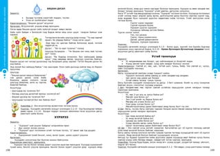 СУРГУУЛИЙНӨМНӨХБОЛОВСРОЛЫНСУРГАЛТЫНЦӨМХӨТӨЛБӨР
108 109
ХҮҮХЭДБҮХЭНДЭЭ“БИЧАДНА“ГЭСЭНИТГЭЛӨГЬЕ!
Бяцхан дусал
Зорилго:
•	 Бусдад тусламж хэрэгтэйг мэдэрч, туслах
•	 Усны ач холбогдлыг мэдэх
Хэрэглэгдэхүүн: “Бяцхан дусал” өгүүллэг
Аргачлал: Өгүүллэгийг уншиж өгөөд ярилцана.
Нэгэн өдөр бяцхан дусал хийх зүйлгүй агаарт хөөрч явлаа.
Хийх зүйл байдаг ч болоосой гээд бодож явтал маш олон цэцэг гандсан байхыг олж
харжээ.
Тэгээд өнгө өнгийн цэцгүүд дээр очоод: “Та нар надтай
яриач, би уйдаад байна.” гэхэд нэгэн цэцэг:
-Бид маш их цангаж байгаа болохоор ярьж, тоглож
чадахгүй нь
Дусал: - “Би та нарт тусалъя.” гэсэнд
Цэцгүүд бүгдээрээ: - “Чи бяцхан юм чинь яаж туслах
вэ?” гэлээ.
Дусал: “Би бодоод олчихлоо. Бүх найзуудаа аваад
ирье.” гээд хөөрөөд явлаа. Цэцгүүд гуниглан байтал,
бороон дусал нэг нэгээр дусалсанд тэд бүгдээрээ дээш харлаа. Тэгтэл бяцхан дусал би
энд байна.
Энд миний бүх найзууд байна.” гэж хашгирав. Олон найз дуслууд нийлж маш их бороог
орууллаа.
Цэцгүүд:
-“Бяцхан дусал чамд их баярлалаа.”
гэж дахин дахин хэлж байв.
Борооны дараа солонго татаж
цэцгүүд баярлаж, өнгө нь сэргэж,
баяртай байлаа.
Асуултууд:
- Цэцгүүдэд юу тусалсан бэ?
-	 Яагаад цэцгүүд дусалтай ярихыг хүсээгүй вэ?
-	 Бяцхан дусалд юу тусалсан бэ?
-	 Цэцгүүдэд туслаагүй бол яах байсан бол?
Хувилбар 2: Энэ өгүүллэгээр жүжигчлэн тоглож болно.
Үнэлгээ: Хүүхдийн хөгжлийн ахицыг үнэлэхдээ 2.2.13 - Уур бухимдлаа тайван
давж гарна; 2.2.14 - Бусдыг мэдэрч зохицон ажиллана гэсэн асуултын дагуу
ажиглалт хийж болно.
Хүрхрээ
Зорилго:
•	 “Хүрхрээ”-ний онцлог байдлыг илэрхийлэн ярих 
•	 Дуу чимээг ялгаж сонсох 
•	 “Хүрхрээ” дуут тоглоомын үгийг тогтоож тоглох, “р” авиаг зөв тод дуудах  
Хэрэглэгдэхүүн:
•	 Хүрхрээний тухай бичлэг, кино, өнгөт зураг, цомог,зурагт үзүүлэн
Аргачлал:
Хүүхдийн сонголтоор баг болгож зохион байгуулна.
Урьдчилсан ажиглалт, ярилцлага:
Хүрхрээ гэж юу болох талаар зурагт үзүүлэн ашиглан ярилцана. Хүүхдэд хүрхрээний
тухай кино, бичлэг үзүүлж ярилцана. Бичлэг болон зурагт үзүүлэн дээр хүрхрээ ямар
өнгөтэй болох, ямар дуу чимээ гаргадаг болохыг ярилцана. Хүрхрээ нь өвөл хөлдөж мөс
болдог талаар ярилцана.“Хүрхрээ” үгийг давтан, дагуулан хэлүүлнэ.
Багш “Р” үсгийг тод зөв дуудахад тусална. “Хүрхрээ” тоглоом тоглоно. Хүүхдүүд тоглоомын
үгийг хэлээд гарыг алдлан дээш өргөх, долгилуулан доош буулгах зэргээр сүрлэг хад,
асар өндрөөс буух хүрхрээг дүрслэн хөдөлгөөн хийж тоглоно. Үгийг аялгуулан хэлж
тоглож болно.
Сүрлэг хүрэн хаднаас
Сүртэй хүрхрээ бууна
Хүрхрэн шуугих хүрхрээг
Хүүхдүүд гайхаад зогсож байна.
Түргэн хэллэг хэлнэ.
Гол, гол урсана
Горхи, горхи хоржигноно
Далай, далай давалгаална
Хүрхрээ, хүрхрээ хүрхэрнэ.
Үнэлгээ:
Хүүхдийн хөгжлийн ахицыг үнэлэхдээ 6.1.5 - Бэлэн дүрс, зургийг янз бүрийн будгаар
хүрээнээс илүү гаргалгүй будна; 6.2.10 - Урлан бүтээхдээ бүтээлчээр хандана гэсэн
асуултын дагуу ажиглалт хийж болно.
Устай танилцъя
Зорилго:
•	 Ус хөлдөхөөрөө мөс болдог, цас хайлахаараа ус болдгийг мэдэх
•	 Усанд хөнгөн зүйл хөвдөг, хүнд зүйл живдэг болохыг нотлох
Хэрэглэгдэхүүн: Савтай ус, мөс, цас, тагтай шил, гуашь, бийр, том савтай ус, чулуу,
навч (хүүхдийн тоогоор)
Аргачлал:
Багш, хүүхдүүдтэй хамтран усаар туршилт хийнэ.
-	 Туршилт эхлэхээс өмнө саванд ус хийн хөлдөөгчид хөлдөөх
-	 Цас орсон үед цэвэр цас бэлдэх
-	 Устай савны таганд гуашь түрхэх
Багш бүлгийн хүүхдийг сонирхлынх нь дагуу 3 багт хуваана. Алийг нь илүү сонирхож
байгааг асуун, сонголтыг хүүхдэд үлдээнэ.
I баг: Хөлдөөгчөөс мөс гарган савтай устайгаа харьцуулан шинж чанарын талаар
харилцан ярилцана.
Асуултууд:
-	 Ус, мөс 2-ын аль нь хатуу байна вэ?
-	 Мөсийг ууж болох уу?
-	 Энэ 2-ын алийг нь барьж болох вэ?
-	 Мөсөөр юм угааж болох уу?
-	 Усан дээр гулгаж болох уу?
-	 Мөсийгтасалгаанд удаан байлгавал ямар болох бол? гэх мэт.
II баг: Багш, туслах багш хамтран гаднаас бэлдэж ирсэн мөсөө саванд байгаа устайгаа
харьцуулан шинж чанарыг ярилцана.
Асуултууд:
-	 Цас ямар өнгөтэй байна вэ?
-	 Ус ямар өнгөтэй байна вэ?
-	 Цасаар юу хийж болох вэ?
-	 Усаар өвлийн өвгөн хийж болох уу?
-	 Цасыг тасалгаанд удаан байлгавал ямар болох бол?
III баг – Энэ савтай усны өнгийг хувиргая. Багштайгаа цуг 10 хүртэл тоолоод савтай
усаа ямар өнгөтэй болсон байгааг харцгаая.
Багш савны таганд сонгосон өнгийн гуашаа түрхэж таглаад хүүхдүүдтэй хамт 10 хүртэл
тоолно. Ямар өнгөтэй болсон байгааг хүүхдүүдээс асууна.
Багууд тус бүрдээ туршилтаа хийж дууссаны дараа хүүхдүүд өөрт байгаа чулуу болон
навчаа усанд хийх бөгөөд хөвдөг, хөвдөггүйг ялган нэрлэж, ярилцана.
Хувилбар: Хүүхэд бүрд будаа, элсэн чихэр өгч усанд уусдаг, уусдаггүй талаар ойлголт,
мэдлэг өгч болно.
Үнэлгээ: Хүүхдийн хөгжлийн ахицыг үнэлэхдээ 4.1.2 - Үйл явдал, учир шалтгааны талаар
 