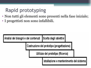 Rapid prototyping
• Non tutti gli elementi sono presenti nella fase iniziale;
• I progettisti non sono infallibili.
 