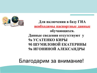Информатика
Для включения в базу ГИА
необходимы паспортные данные
обучающихся.
Данные сведения отсутствуют у
9а УСАТЕНКО КИРЫ
9б ШУМИЛОВОЙ ЕКАТЕРИНЫ
9в ИГОНИНОЙ АЛЕКСАНДРЫ
Благодарим за внимание!
 